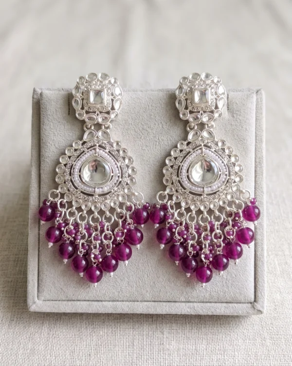 Purple Silver Kundan Dangler Earrings