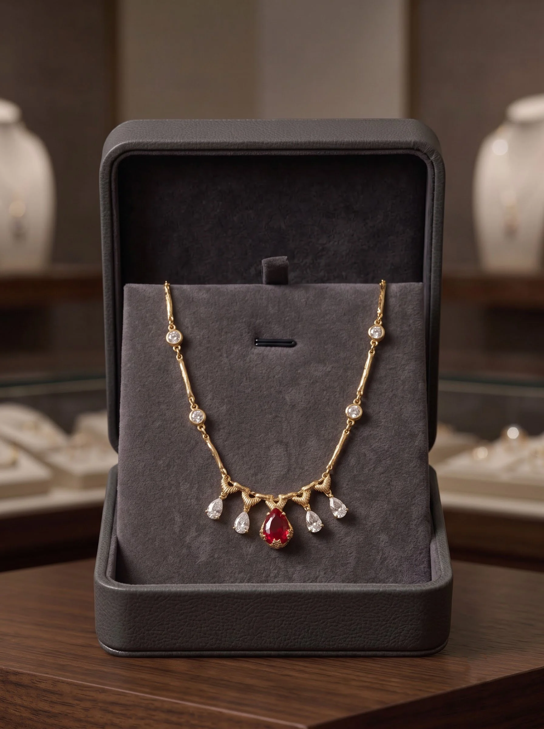 Ruby Teardrop Gold Station Necklace - Image 2