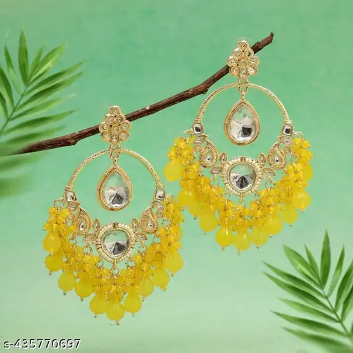 Yellow Pearl Kundan Earrings - Image 2
