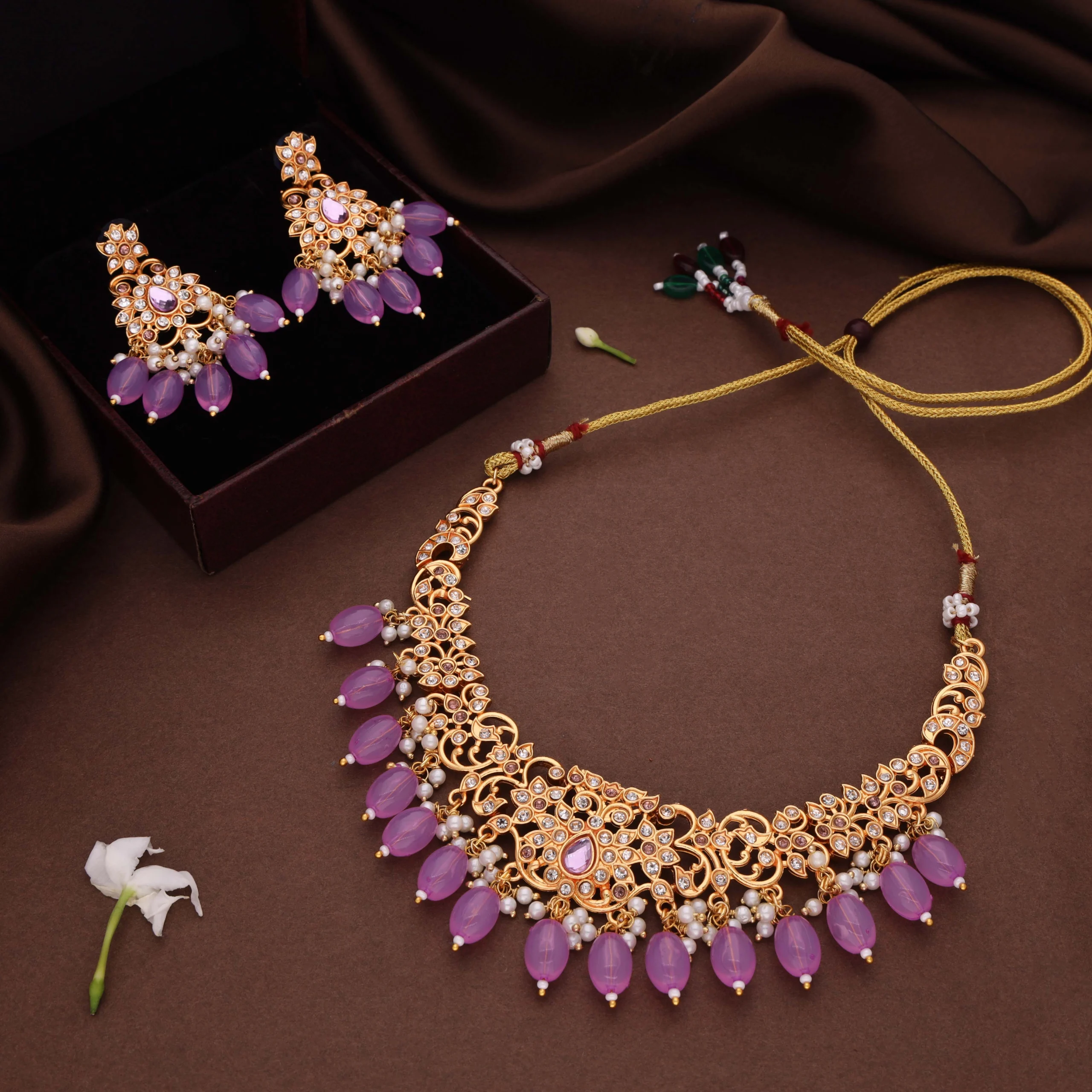 Lilac Drop Stone Necklace Set - Image 2