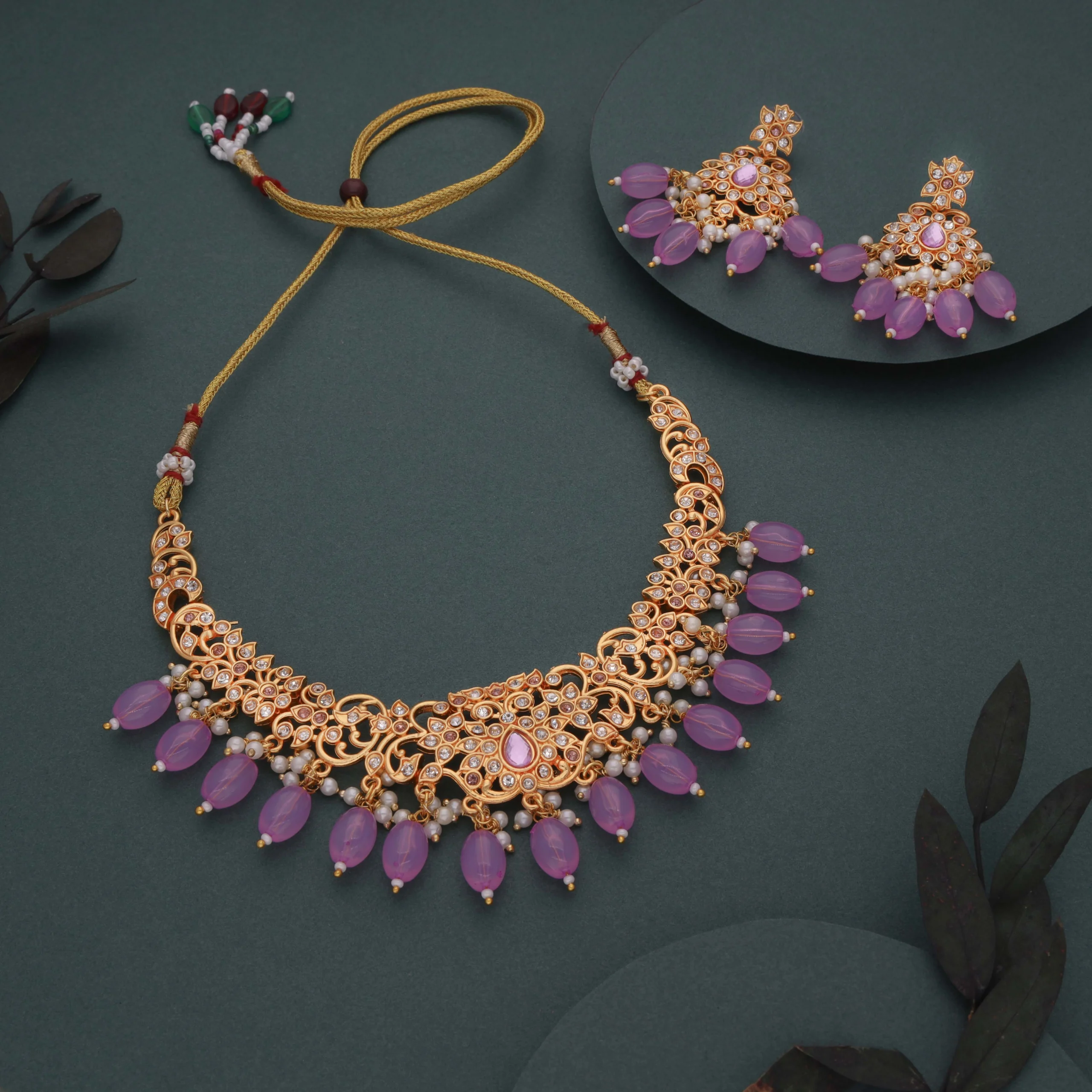 Lilac Drop Stone Necklace Set - Image 3