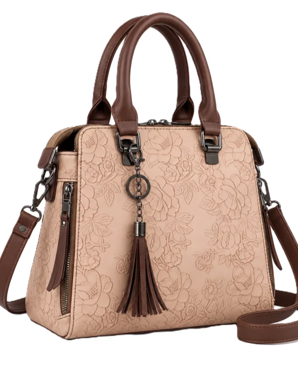 Floral Embossed Beige Handbag