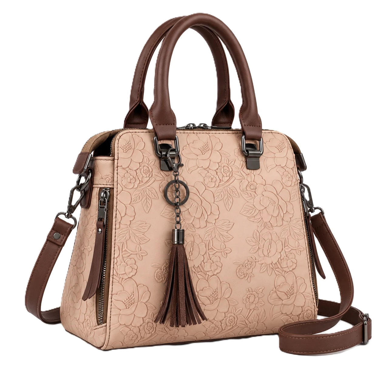 Floral Embossed Beige Handbag