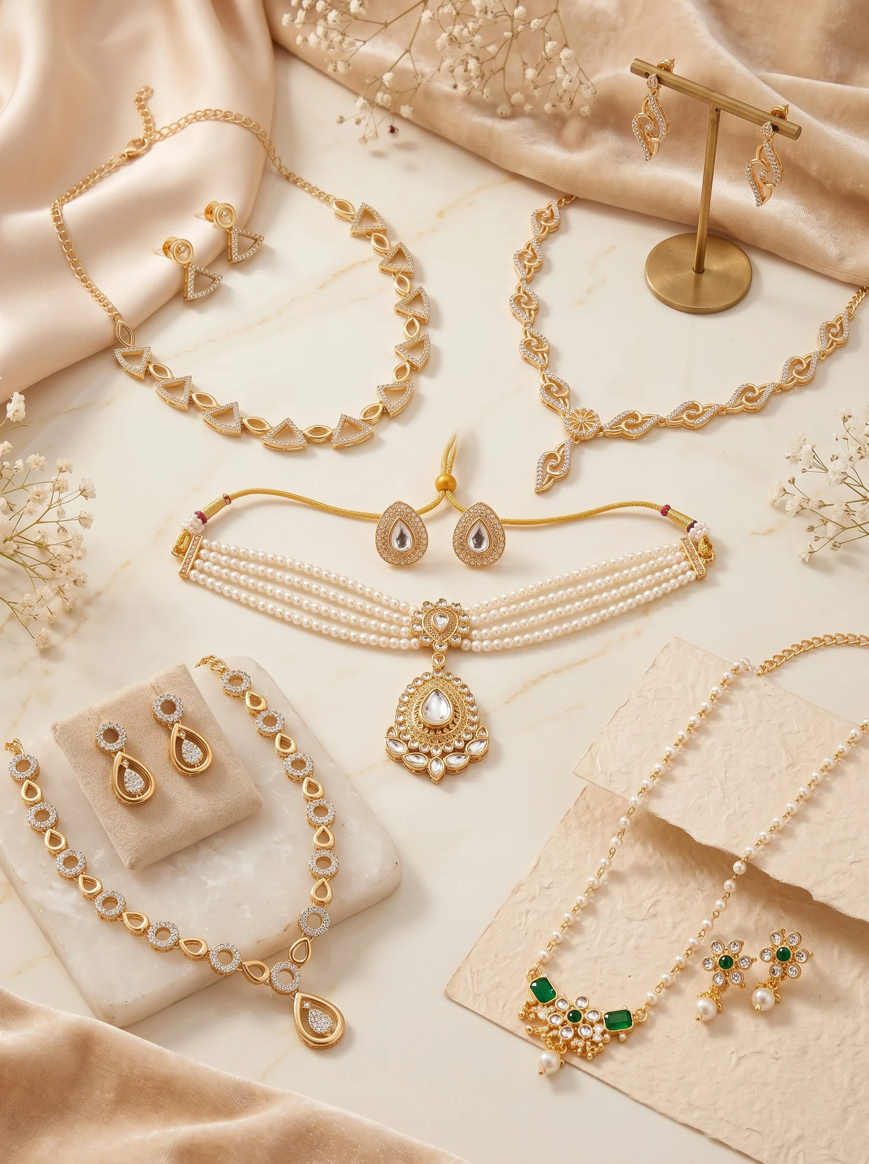 Gold Tone Pearl Emerald Necklace - Image 2