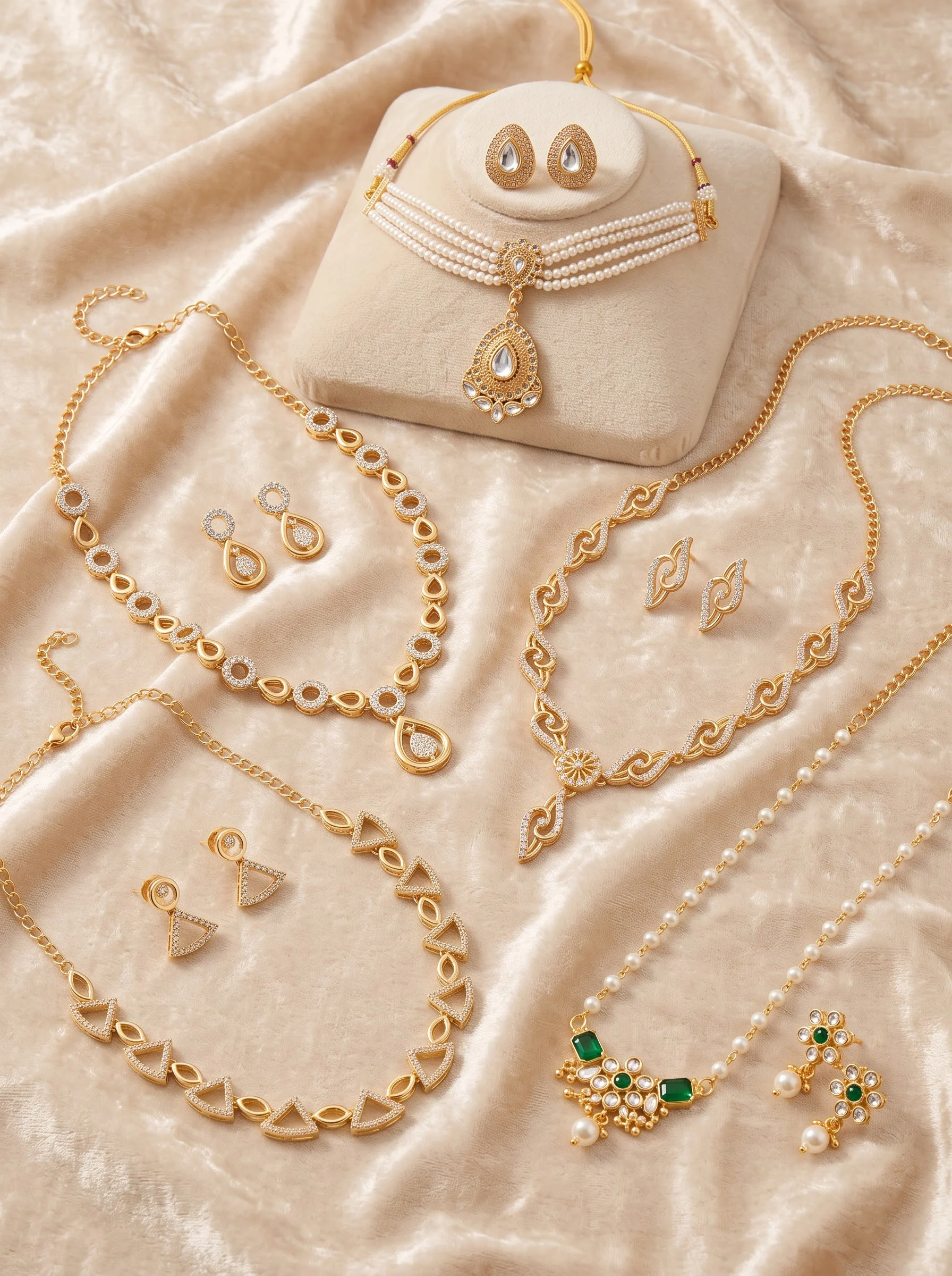 Gold Tone Pearl Emerald Necklace