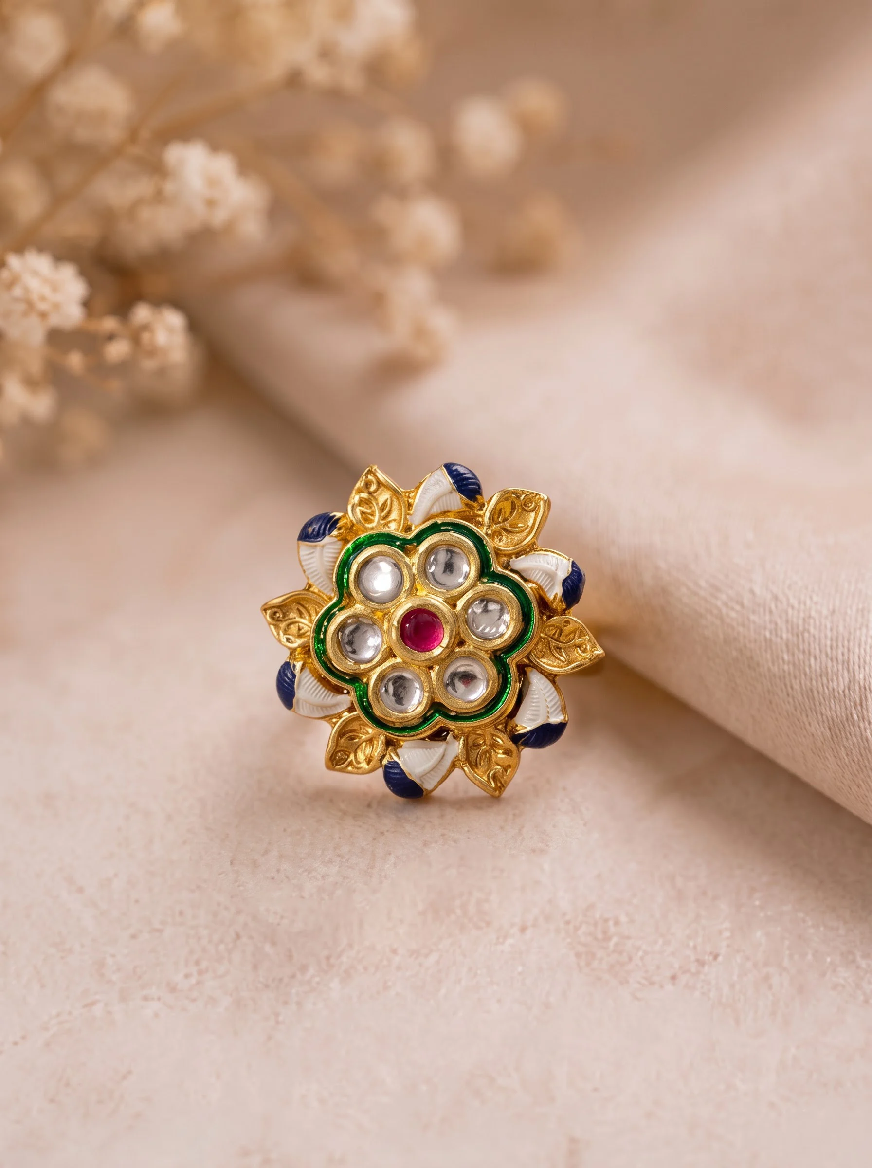 Gold Plated Kundan Floral Ring - Image 2
