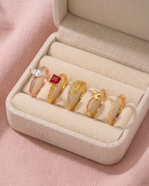 Gold Tone Heart Leaf Butterfly Ring Set