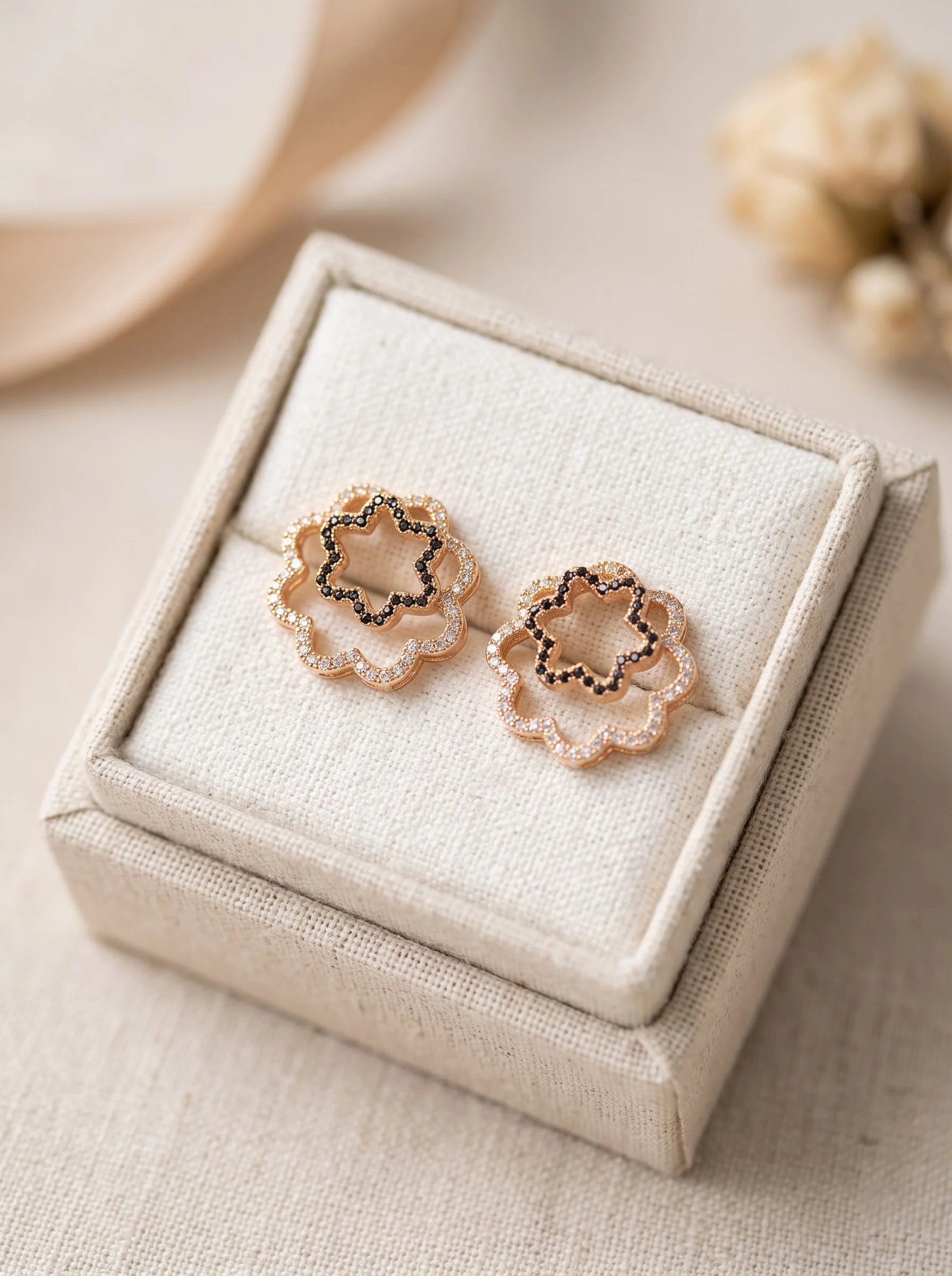 Golden Floral White Stone Stud Earrings - Image 2