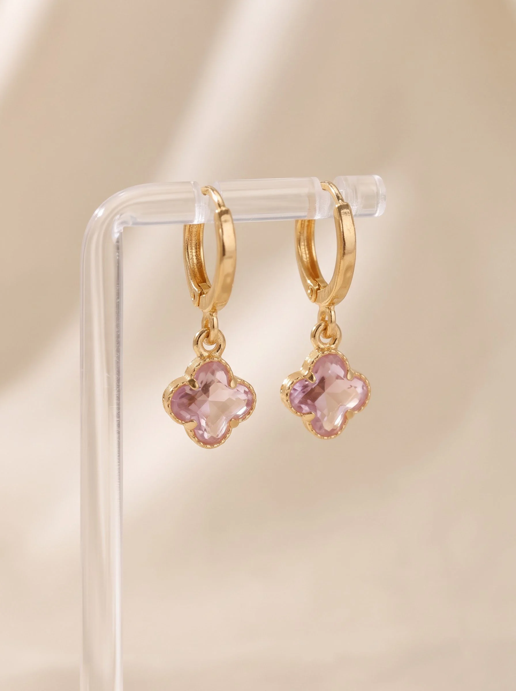 Golden Pink Clover Drop Earrings
