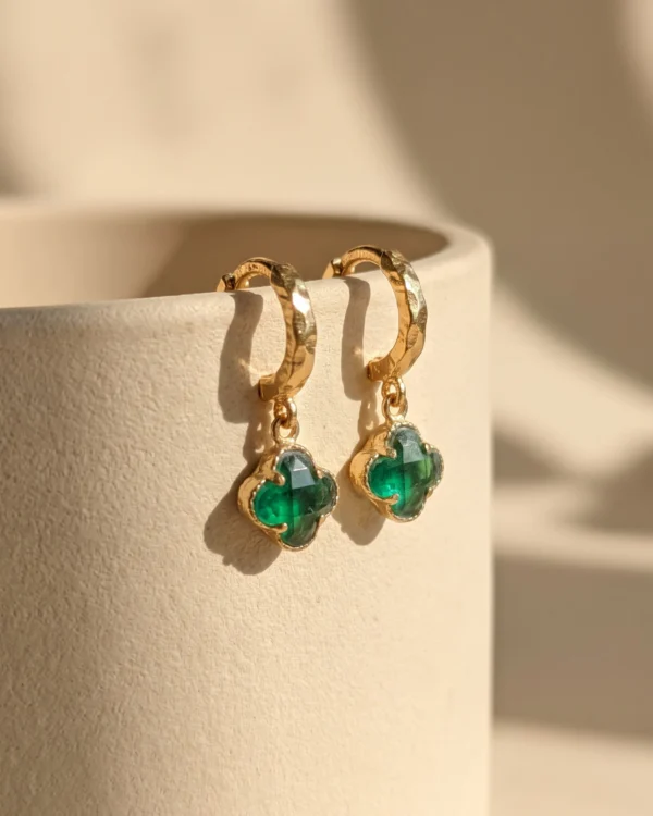 Gold Green Clover Hoop Earrings