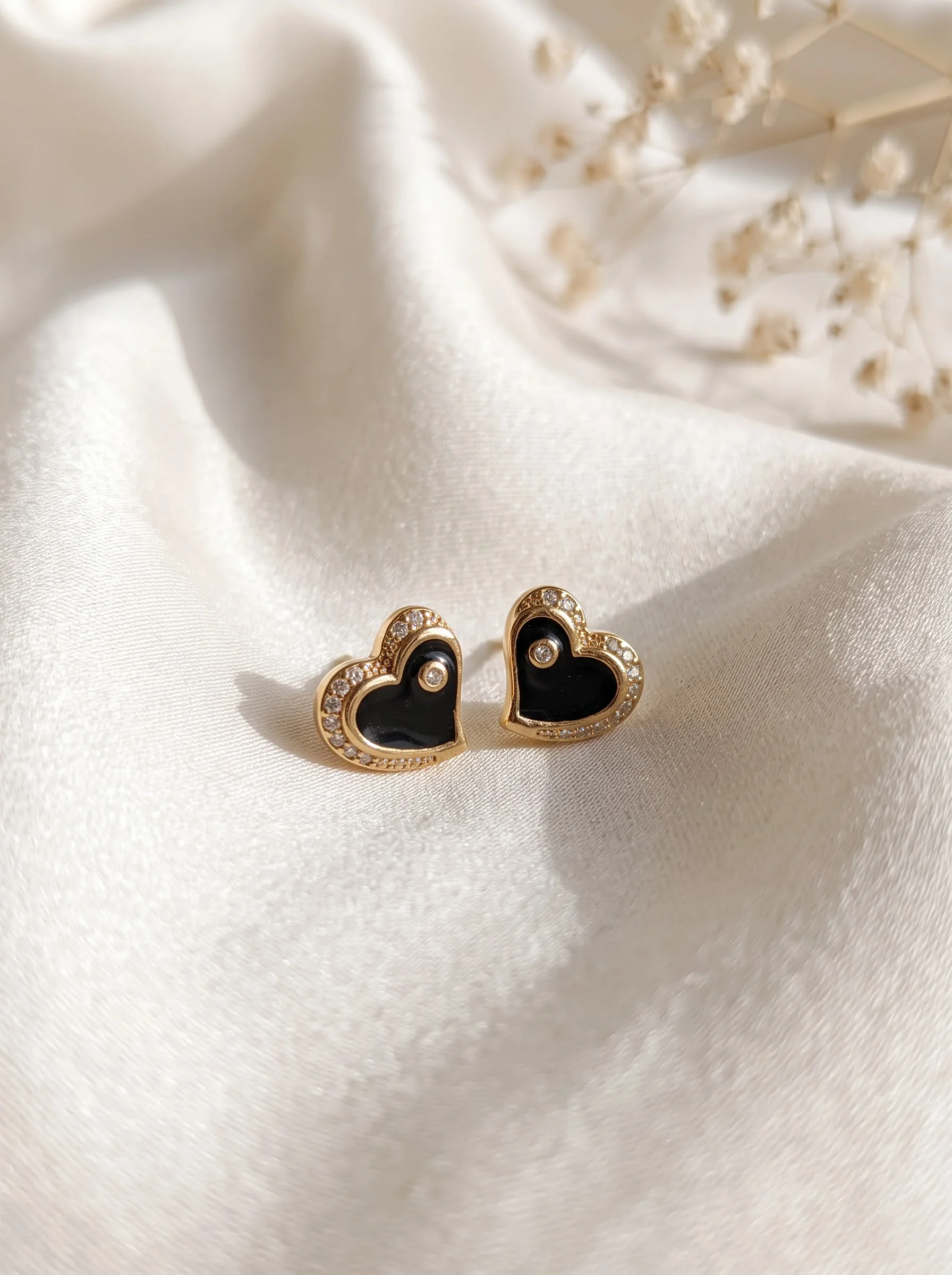 Golden Black Heart Stud Earrings - Image 2