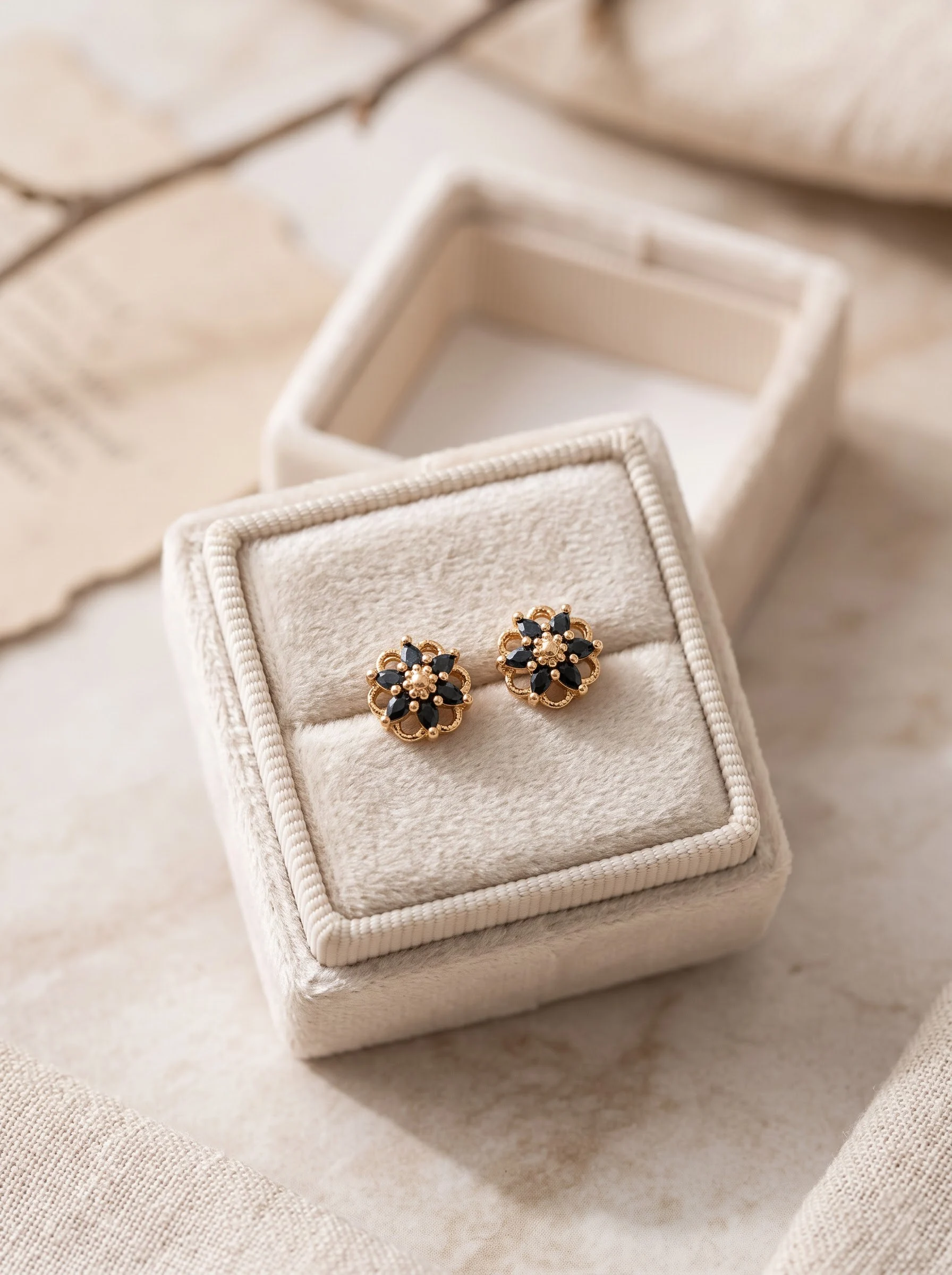 Golden Black Floral Stud Earrings - Image 3