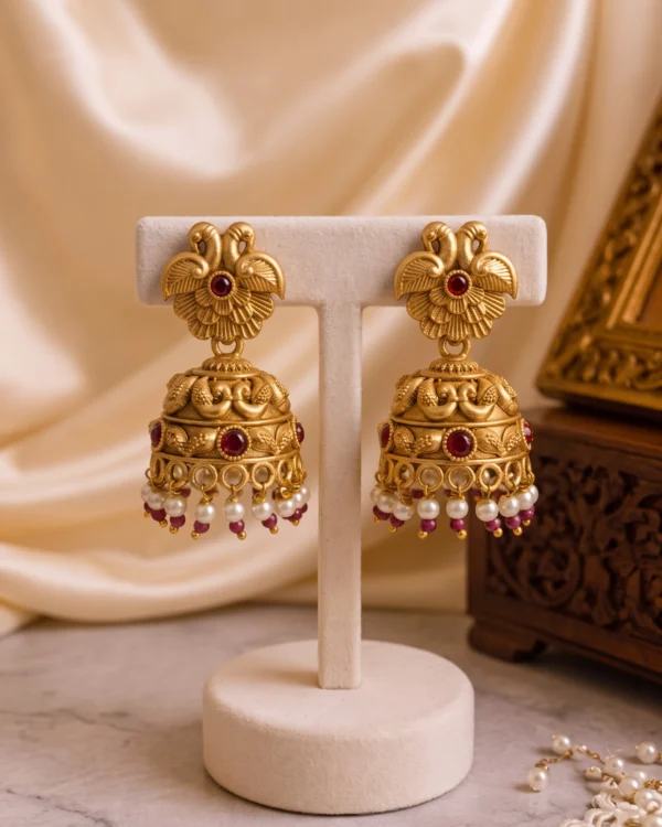 Golden Red Stone Pearl Jhumka Earrings