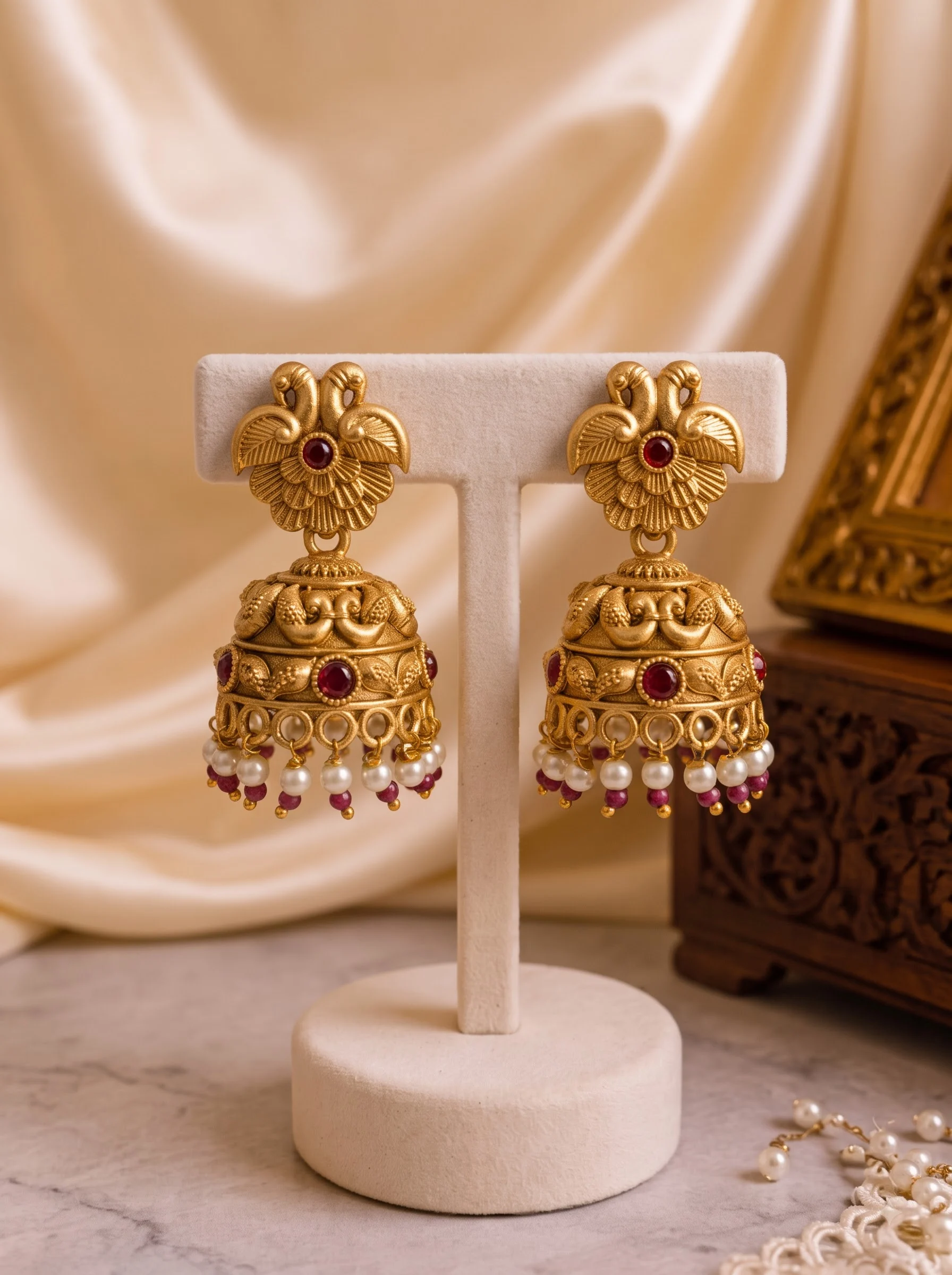Golden Red Stone Pearl Jhumka Earrings