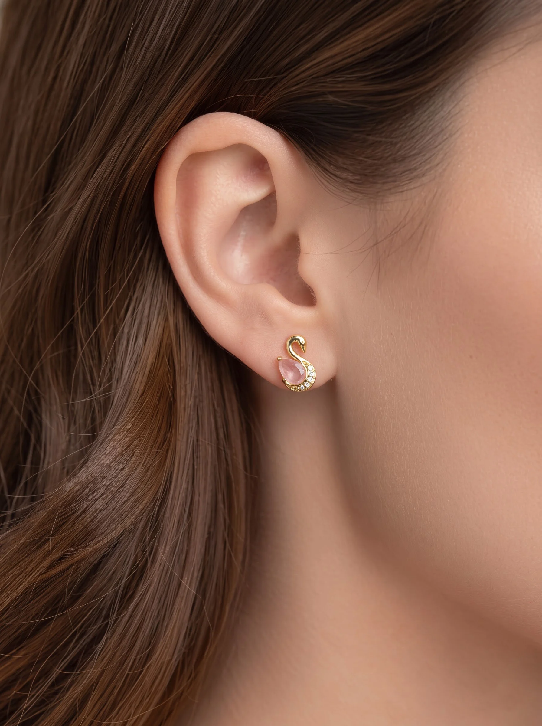 Golden Pink Swan Stud Earrings - Image 3