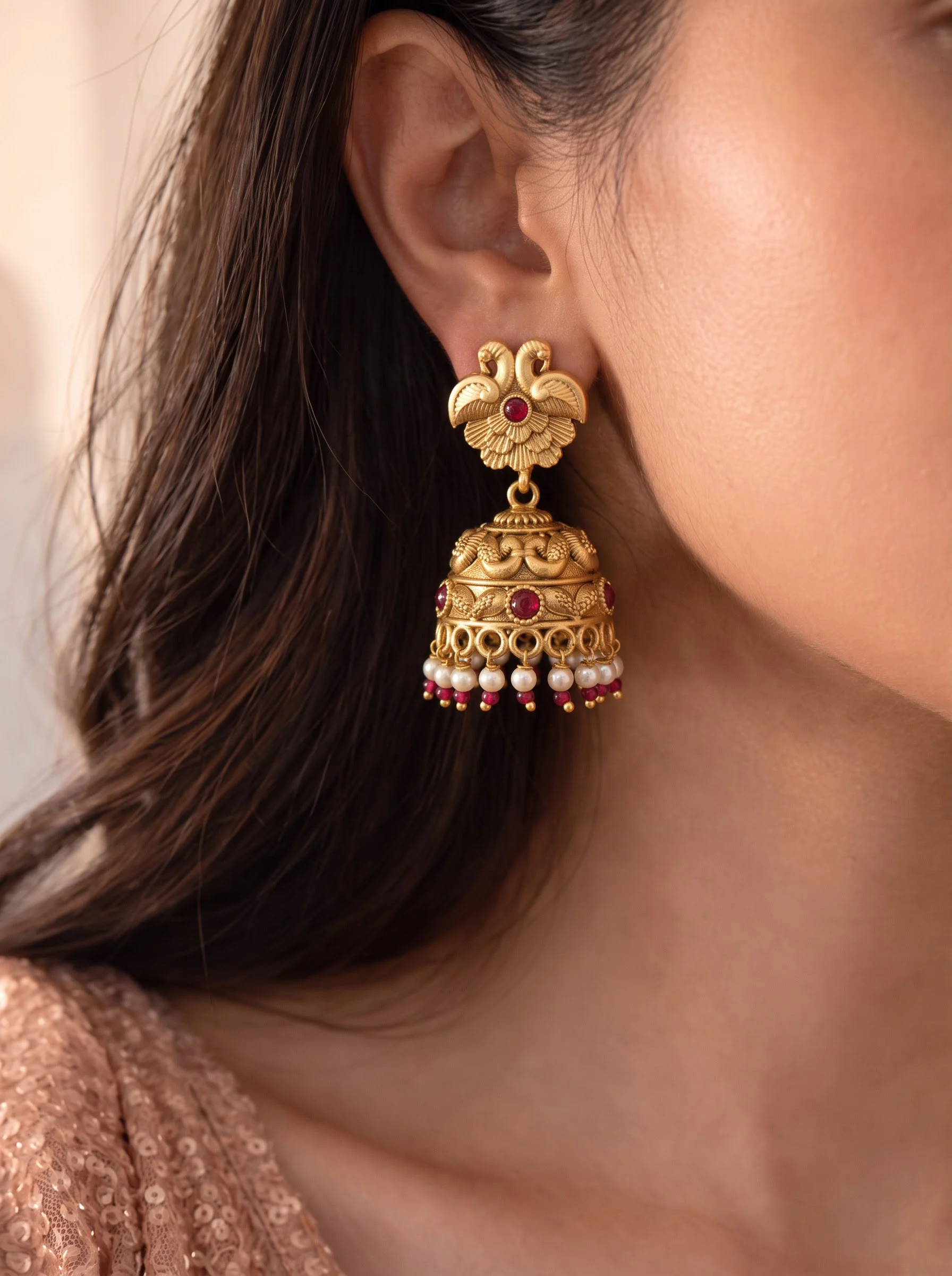 Golden Red Stone Pearl Jhumka Earrings - Image 2