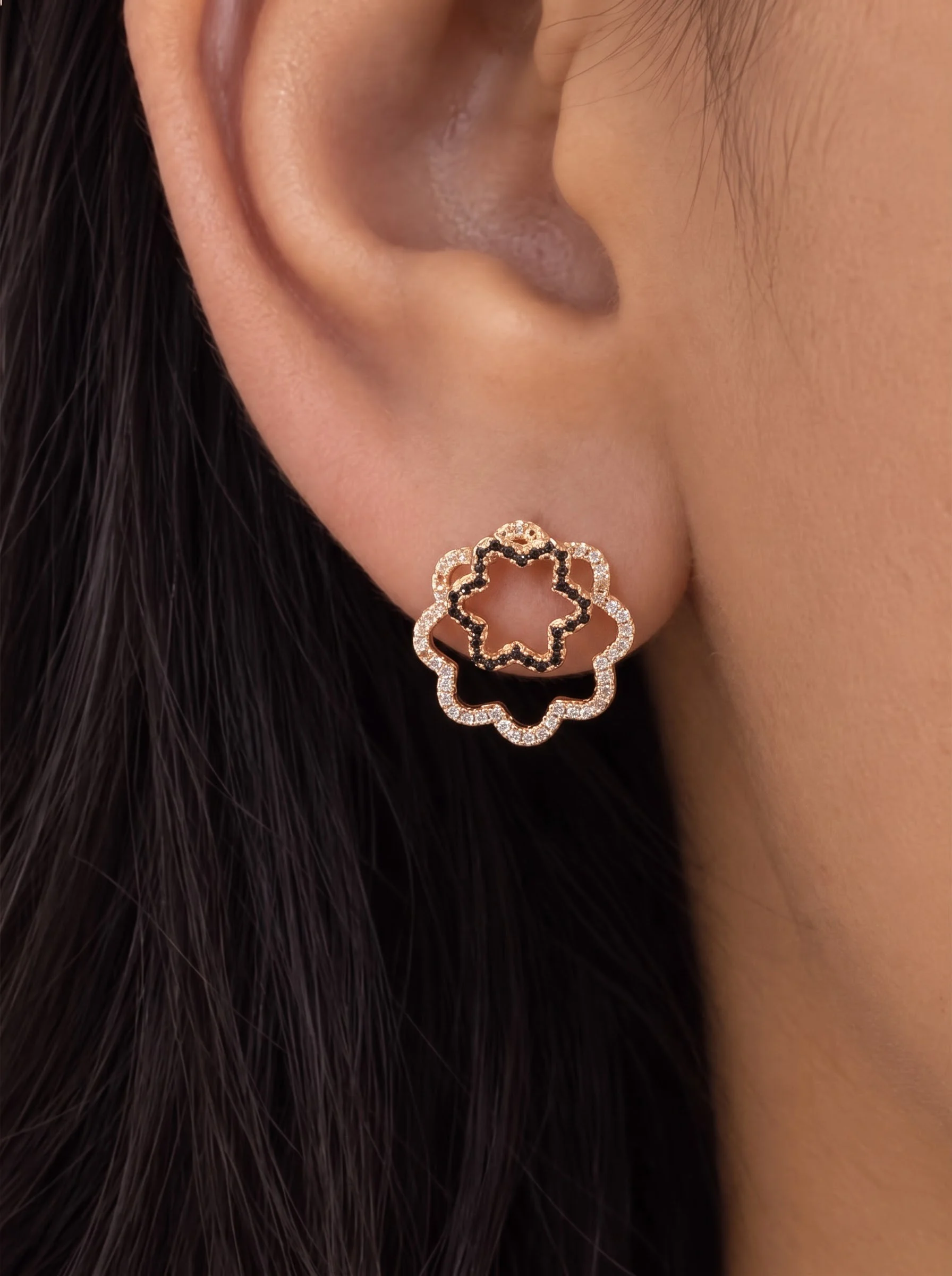 Golden Floral White Stone Stud Earrings
