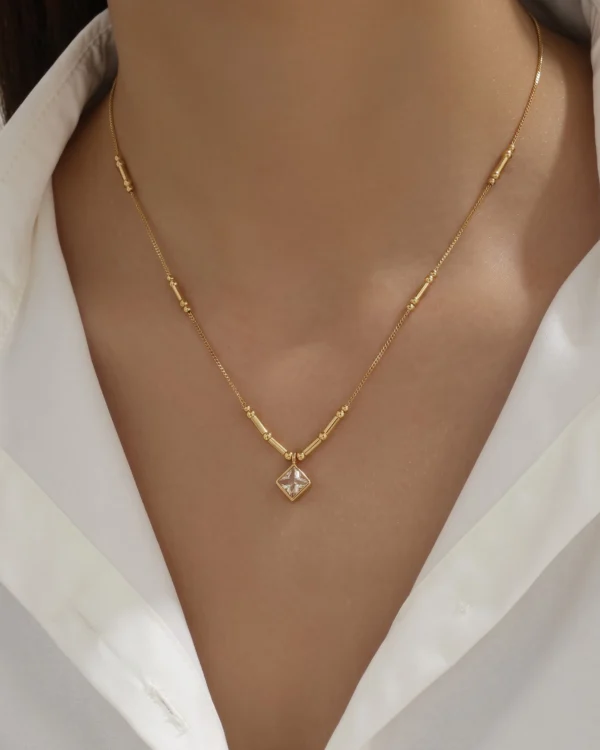 Square Solitaire Gold Necklace