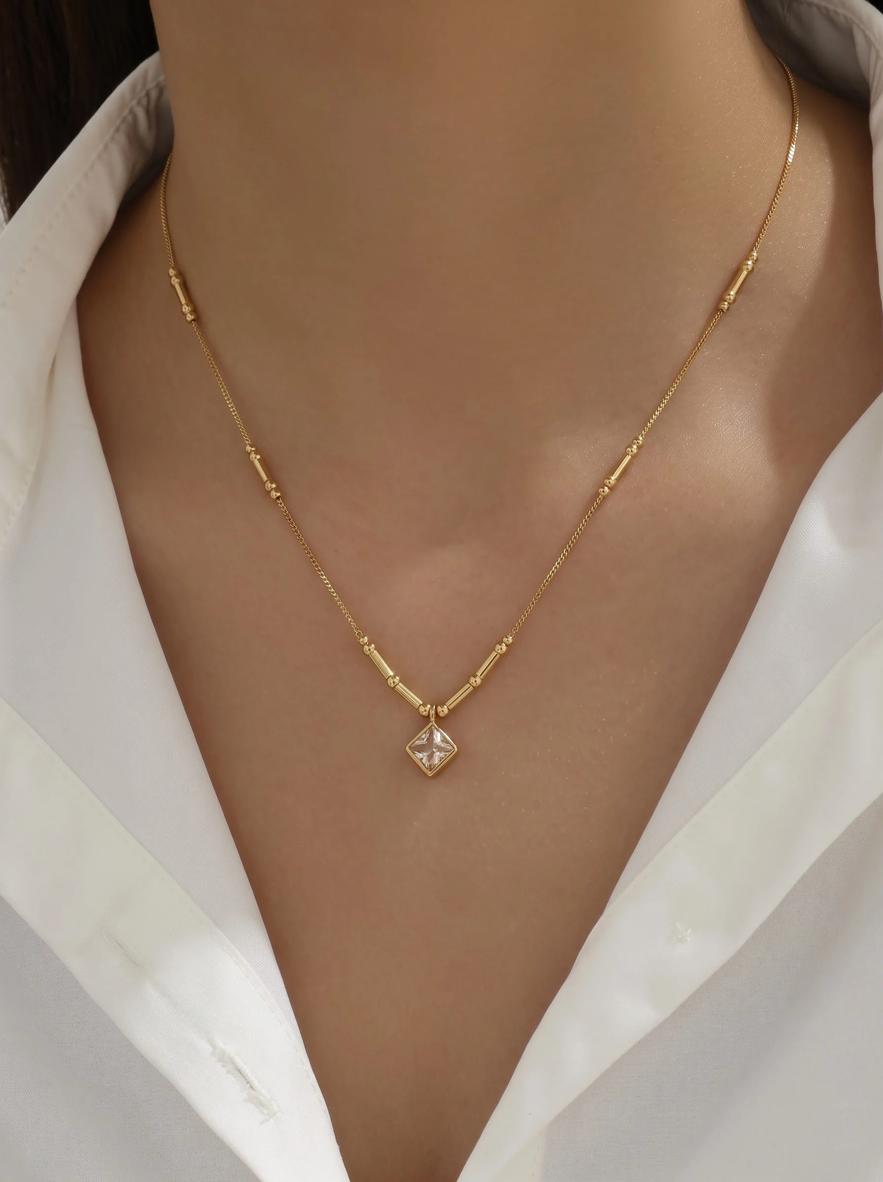 Square Solitaire Gold Necklace