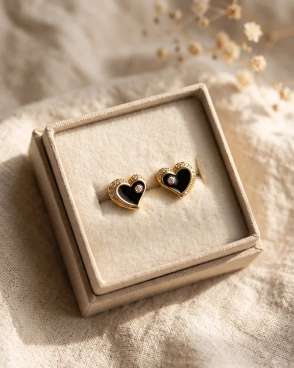 Golden Black Heart Stud Earrings