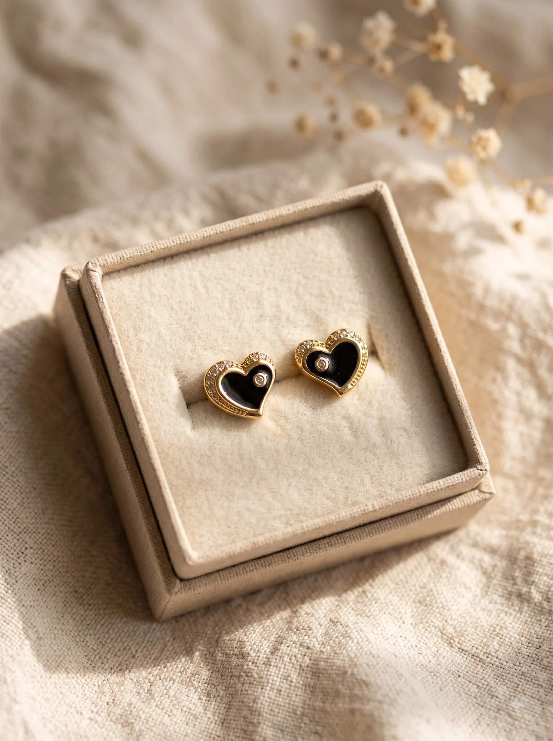 Golden Black Heart Stud Earrings