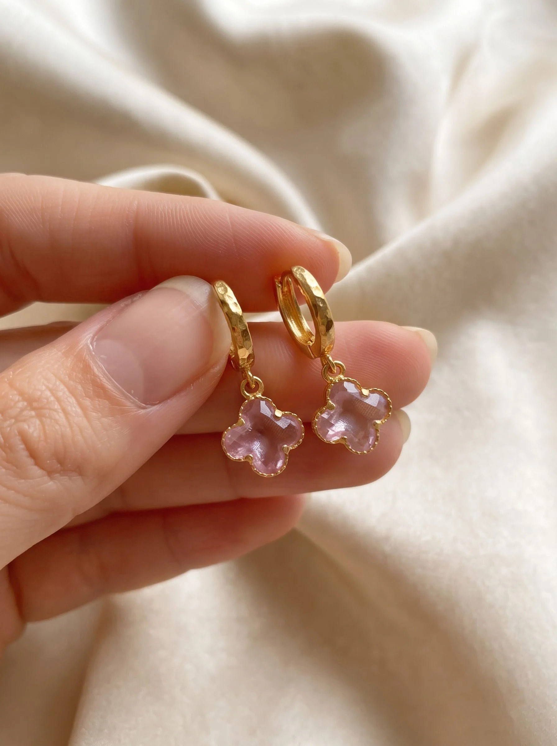 Golden Pink Clover Drop Earrings - Image 5