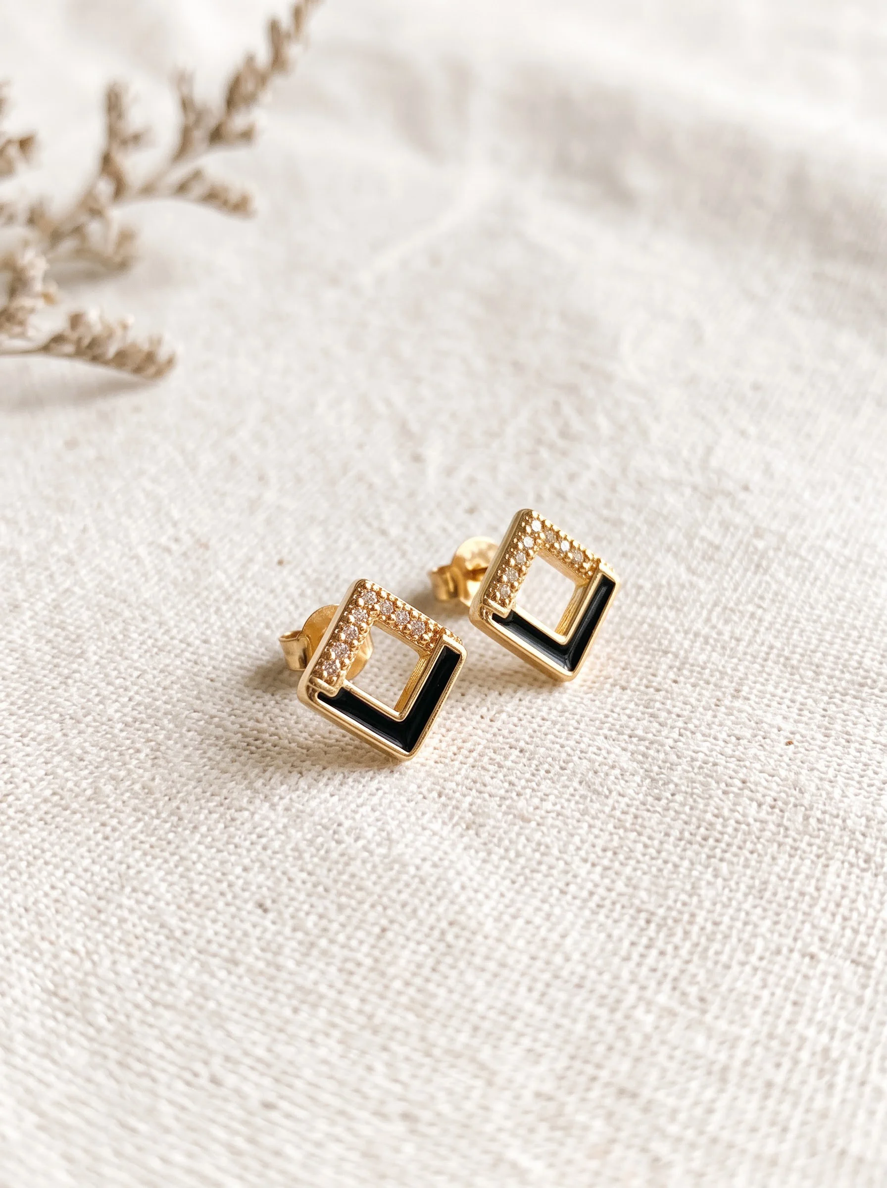 Golden Black Geometric Stud Earrings - Image 2