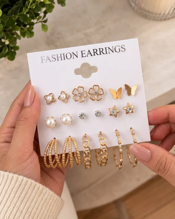 Golden Floral Pearl Earrings Combo Set