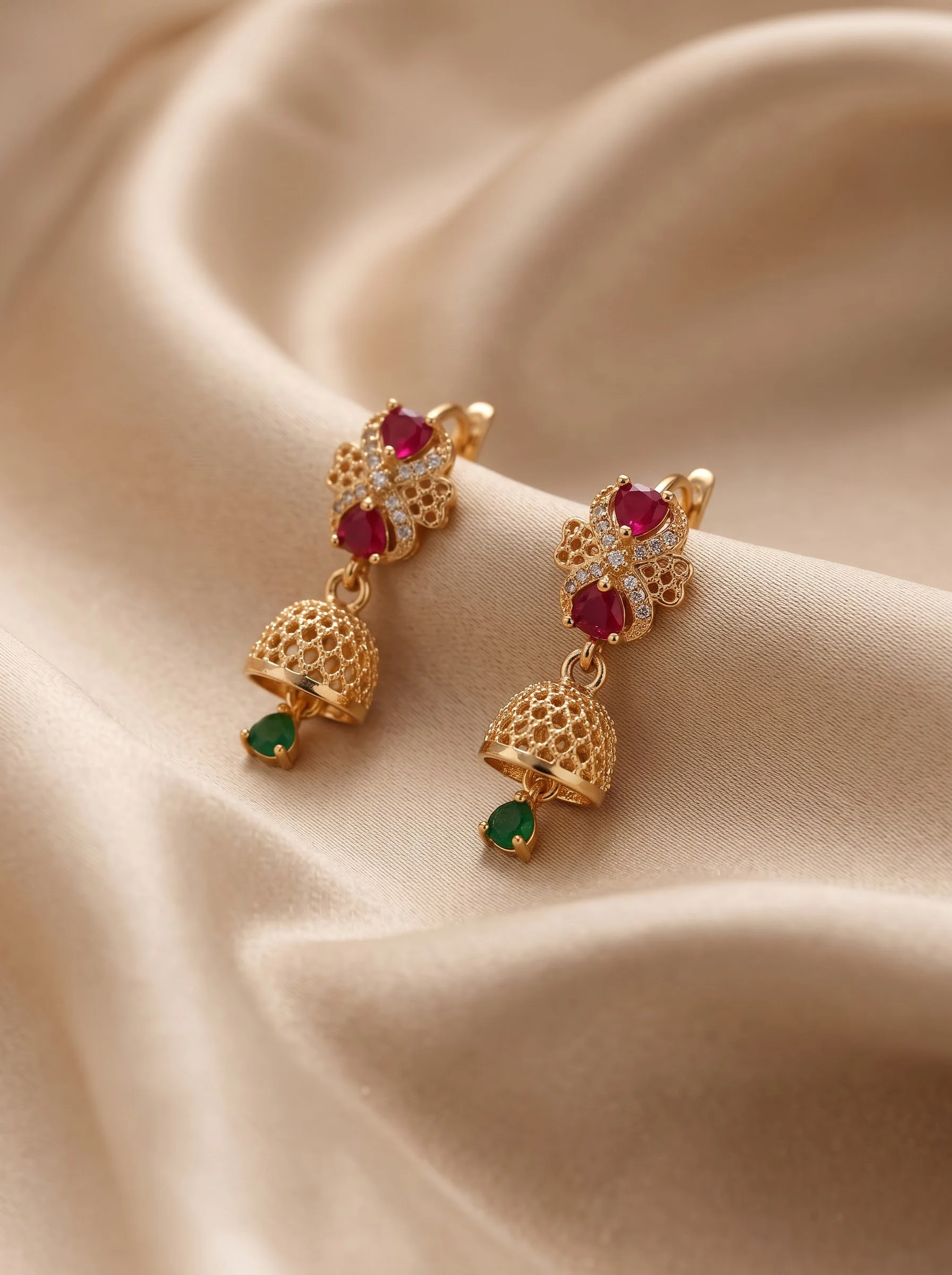 Golden Red Green Pearl Earrings - Image 2