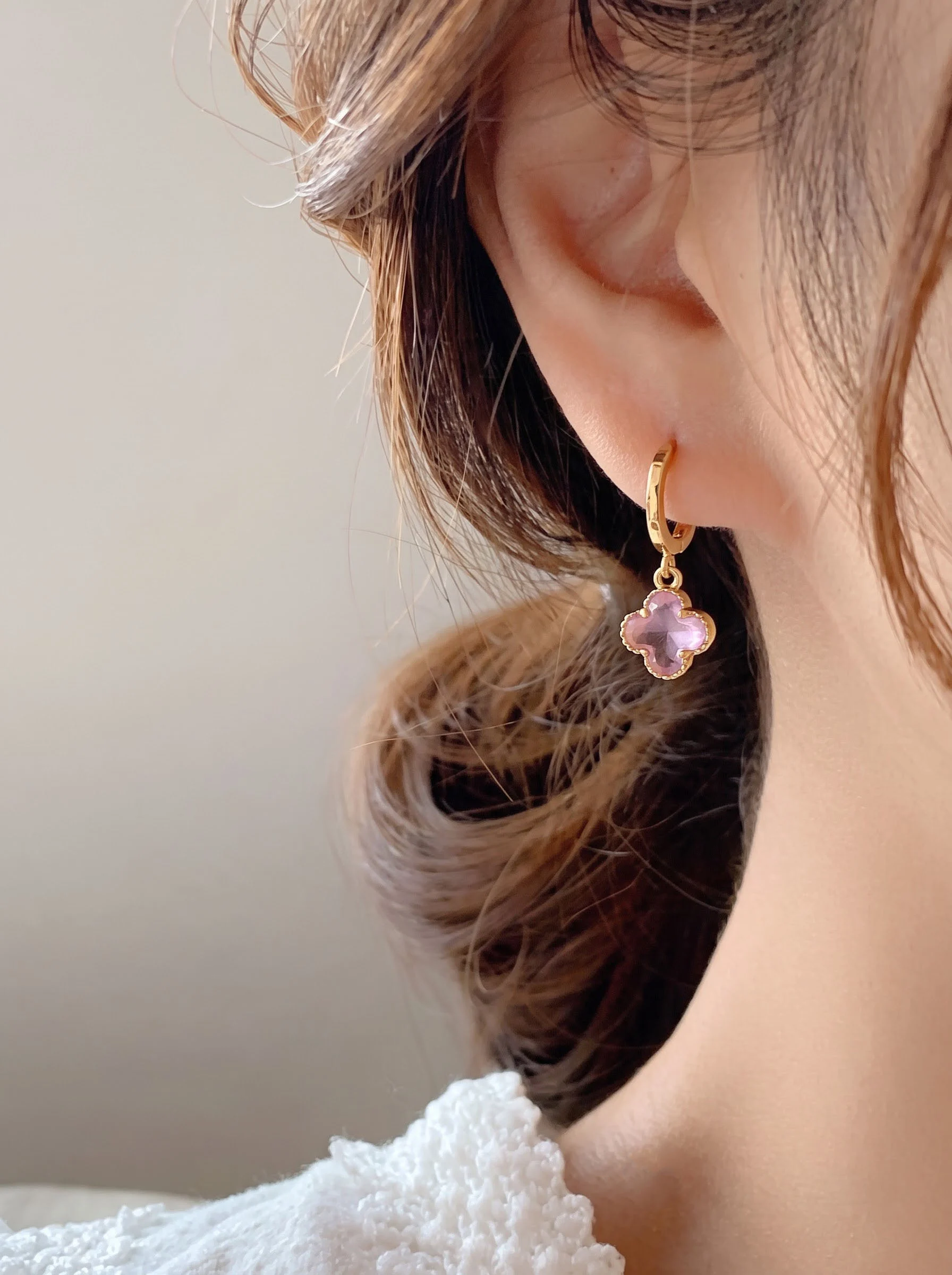 Golden Pink Clover Drop Earrings - Image 3