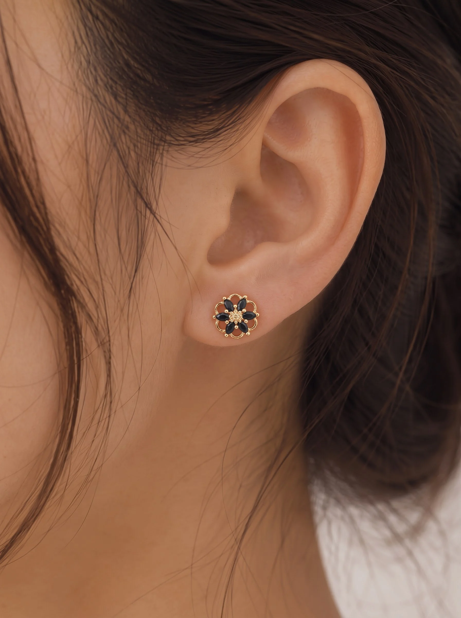 Golden Black Floral Stud Earrings - Image 4