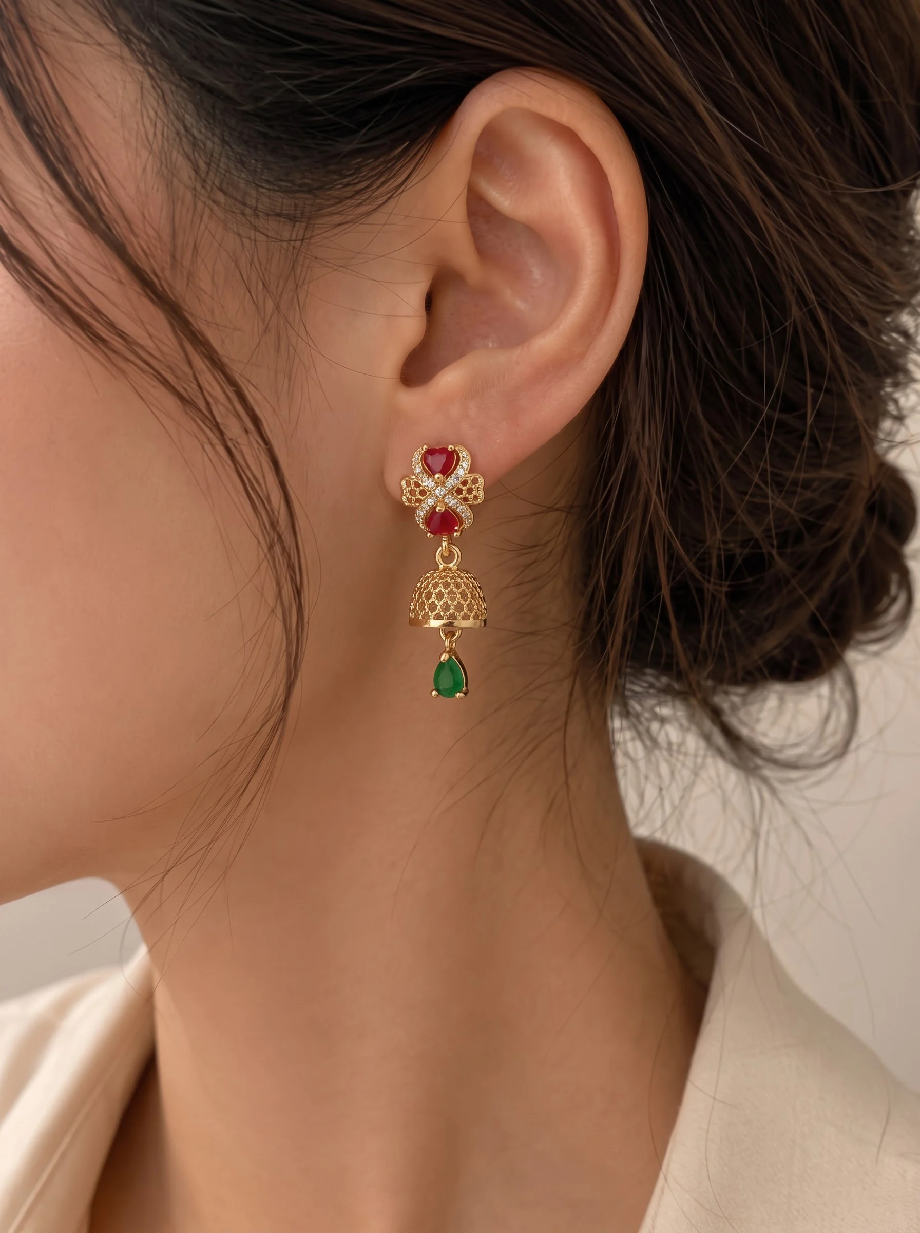 Golden Red Green Pearl Earrings