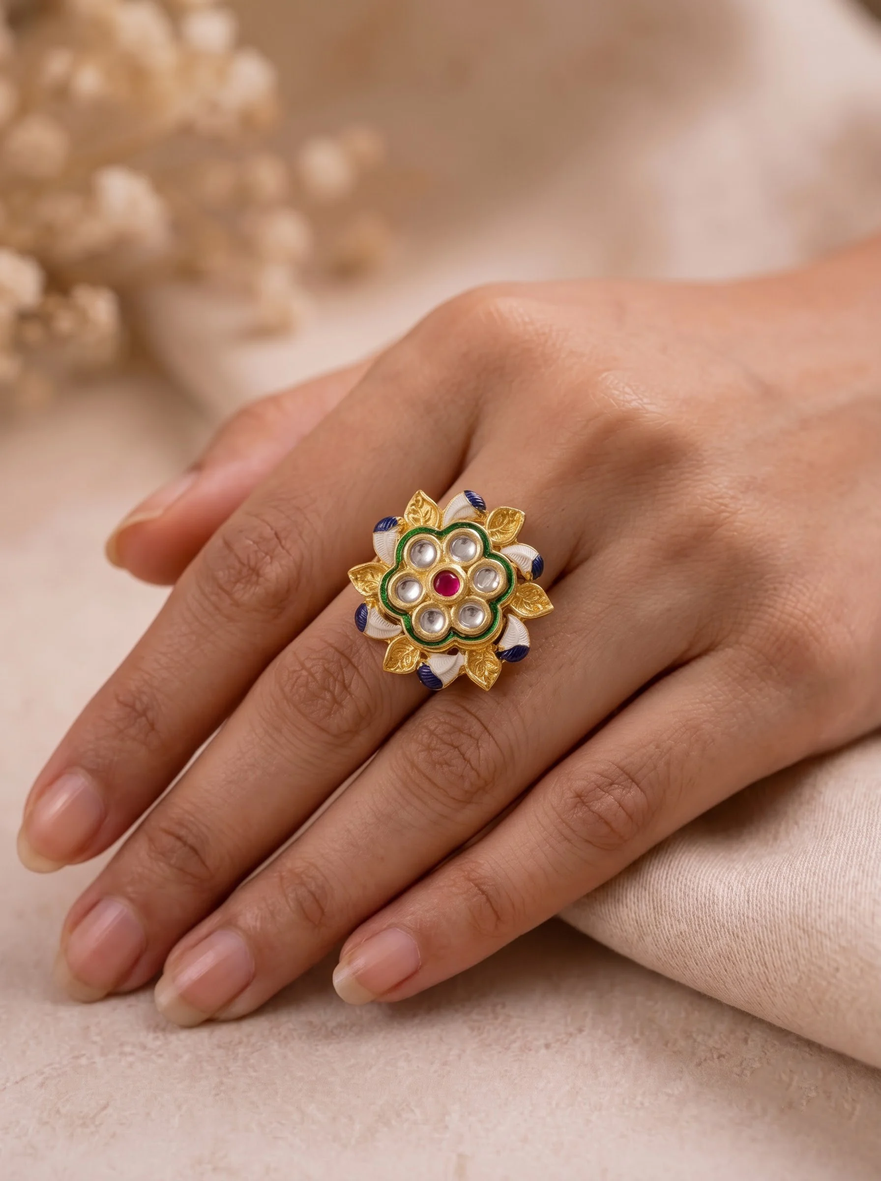 Gold Plated Kundan Floral Ring