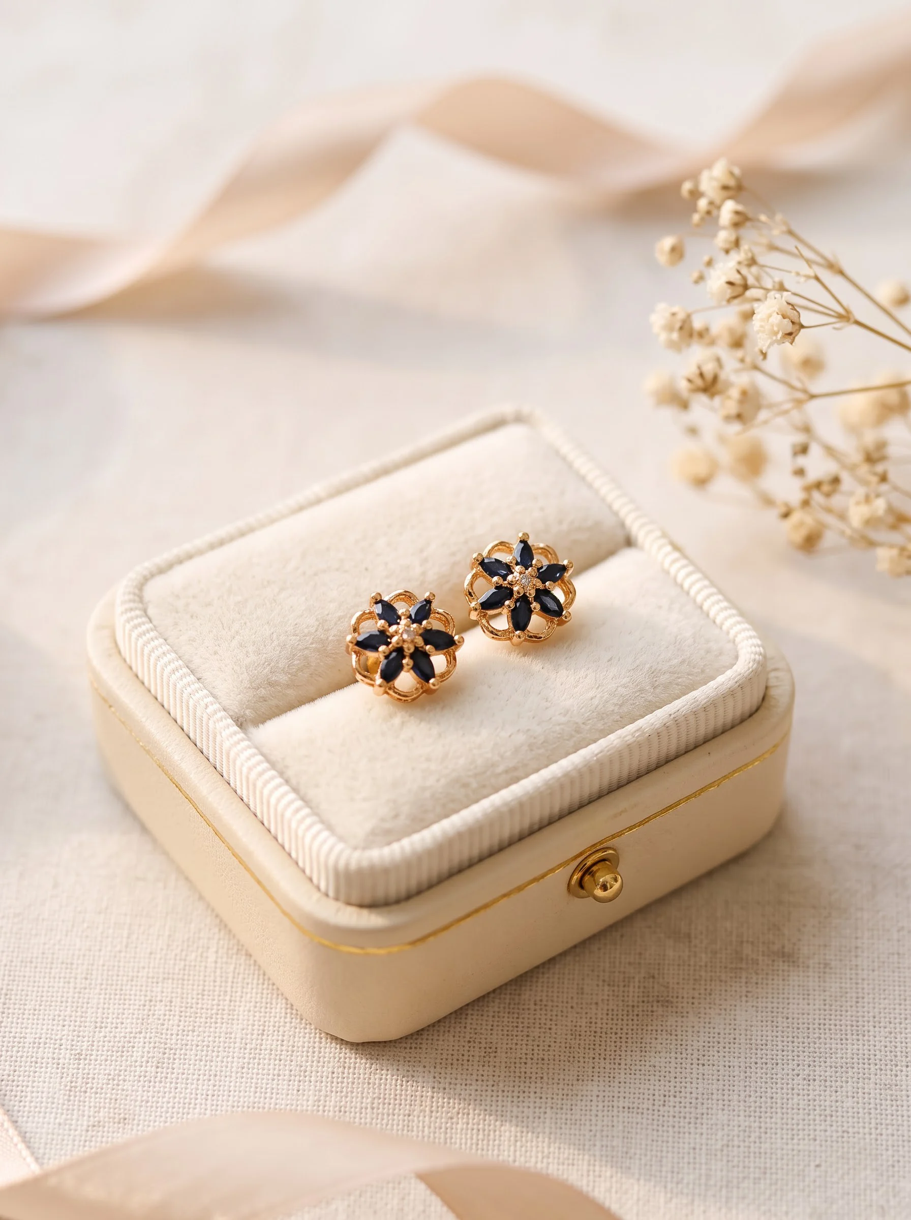 Golden Black Floral Stud Earrings