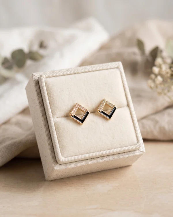 Golden Black Geometric Stud Earrings