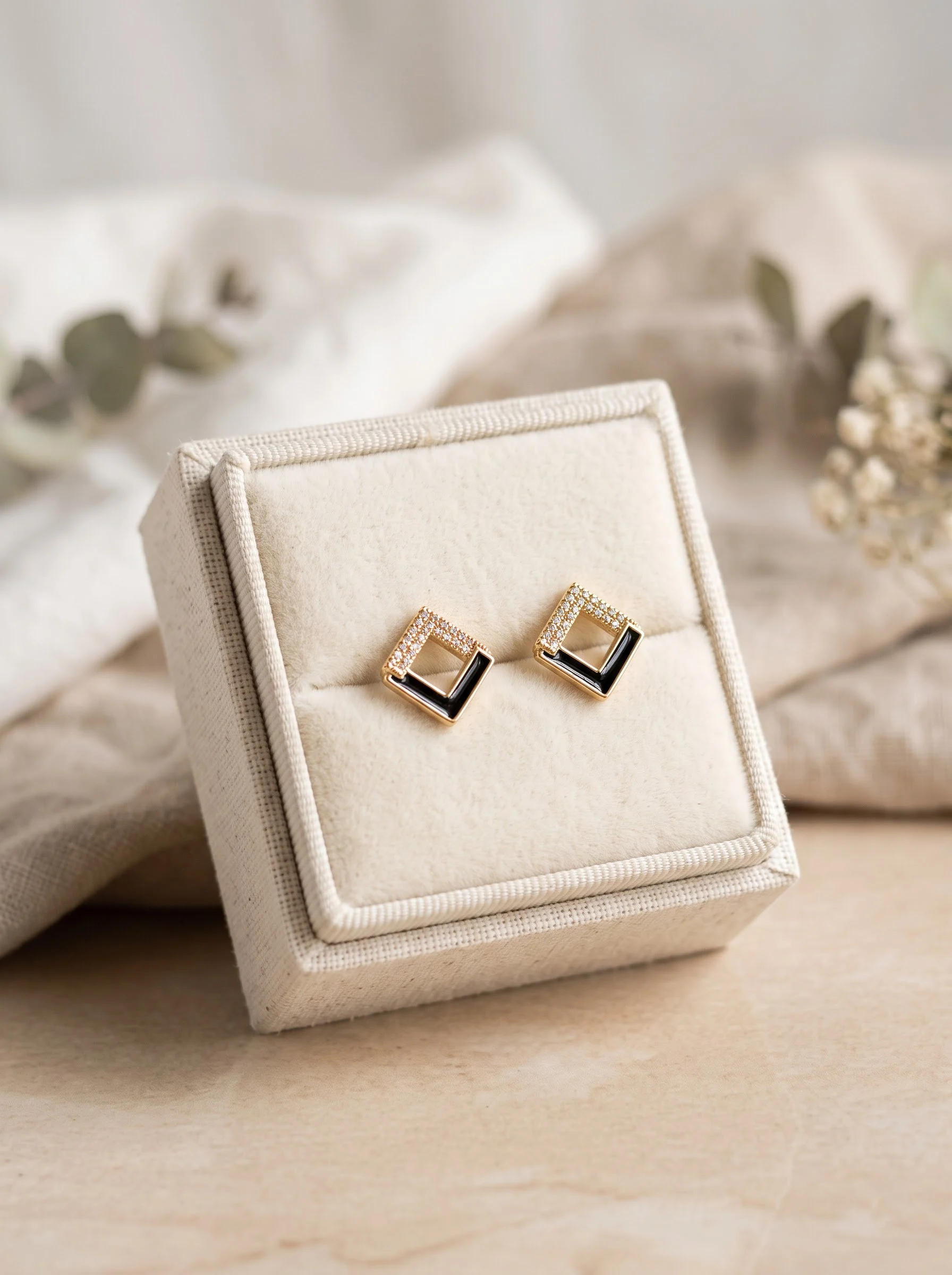 Golden Black Geometric Stud Earrings