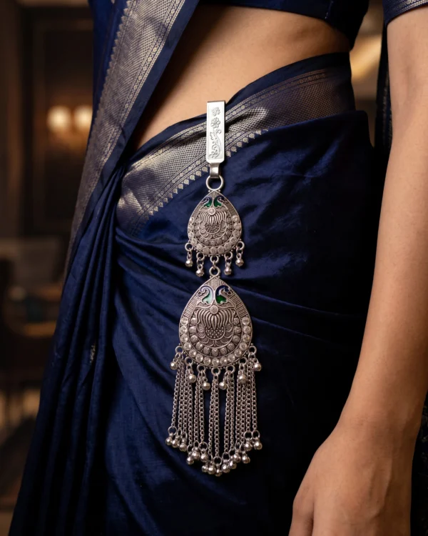 Silver Peacock Teardrop Saree Challa