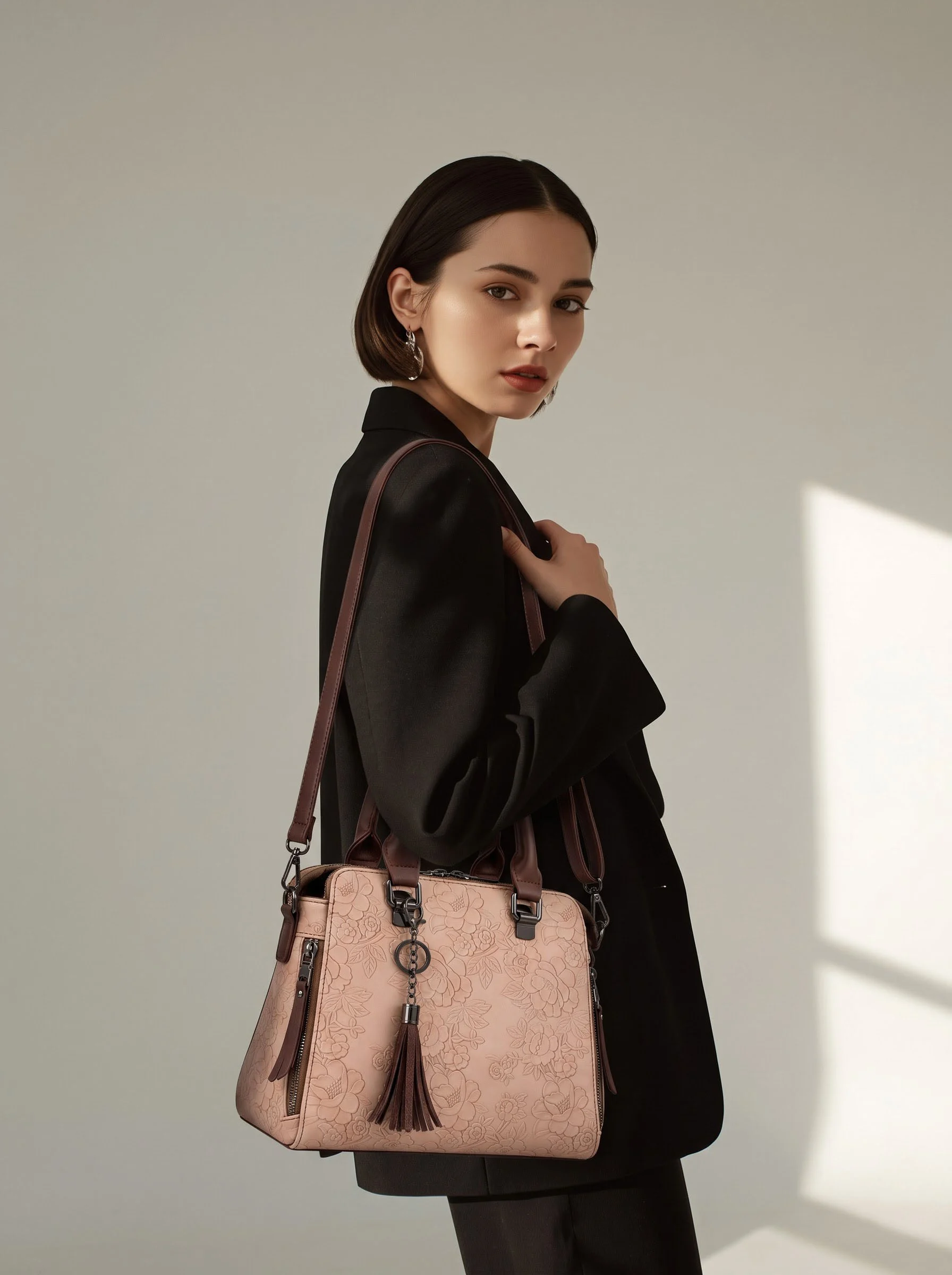 Floral Embossed Beige Handbag - Image 7