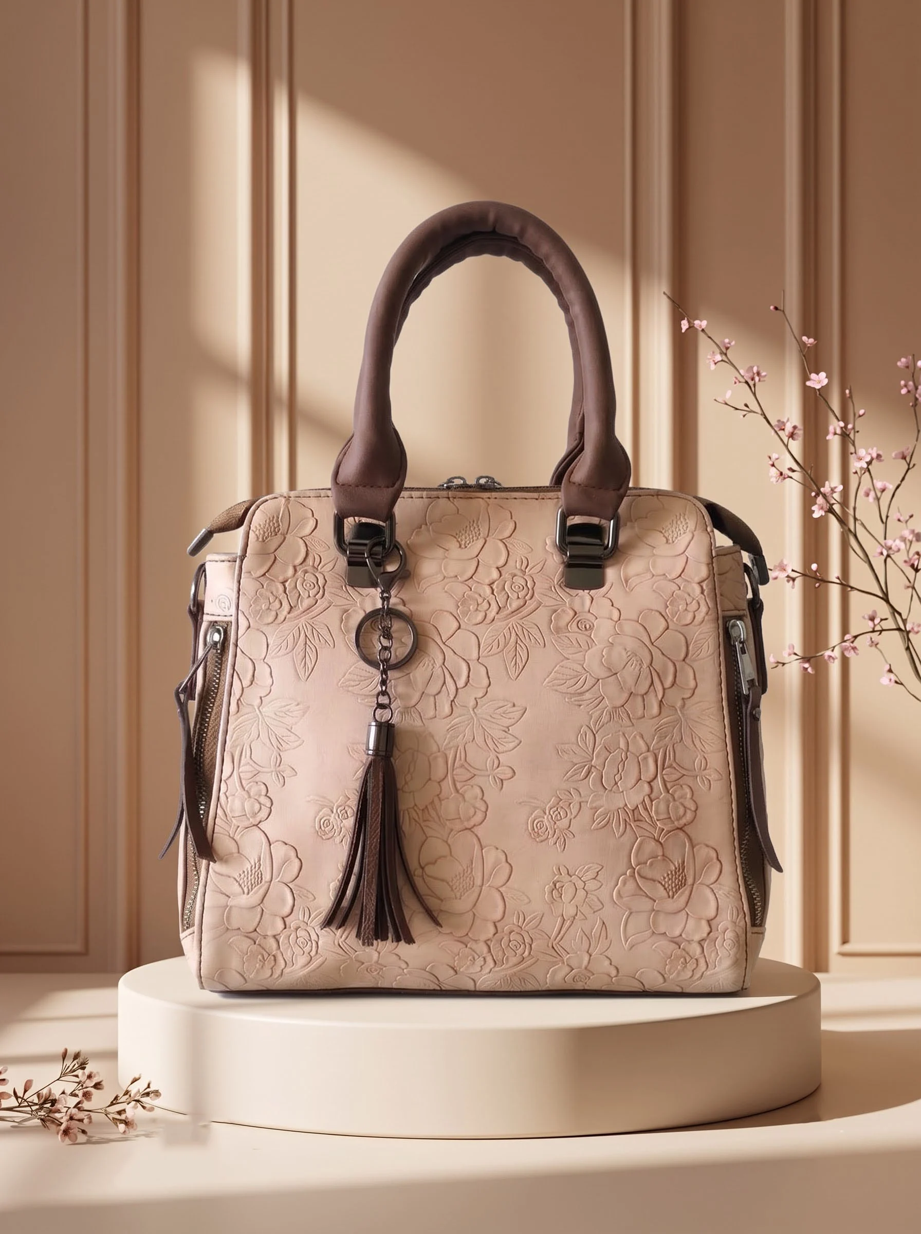 Floral Embossed Beige Handbag - Image 5