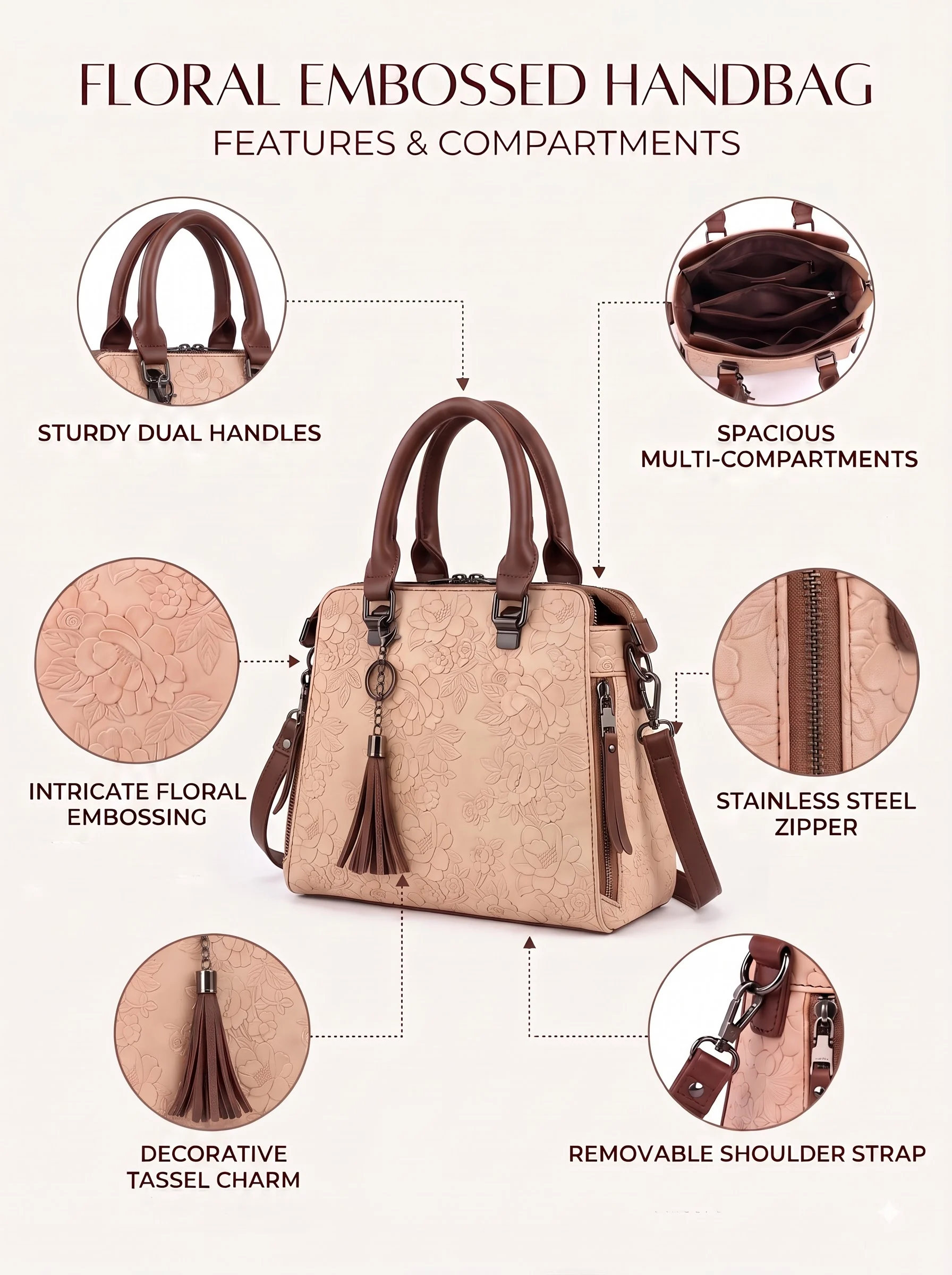 Floral Embossed Beige Handbag - Image 4