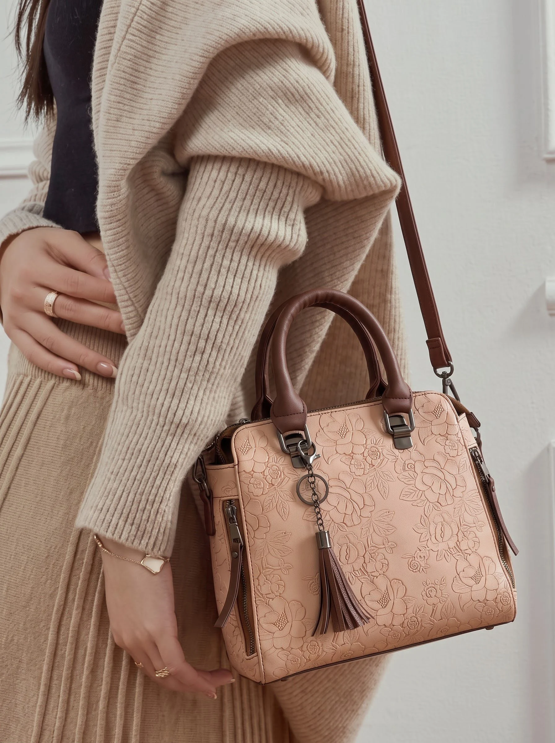 Floral Embossed Beige Handbag - Image 2