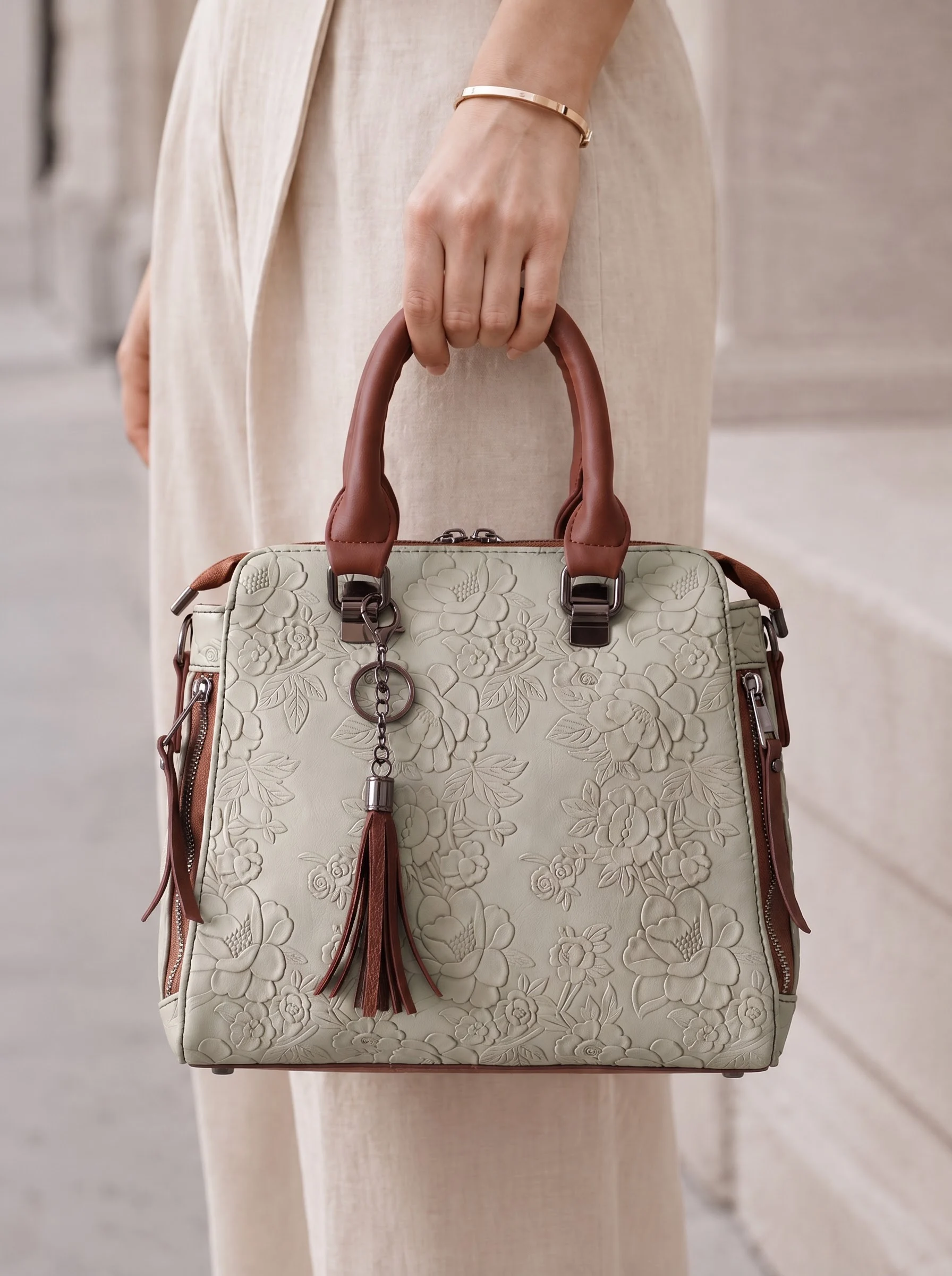 Grey Floral Embossed Handbag - Image 4