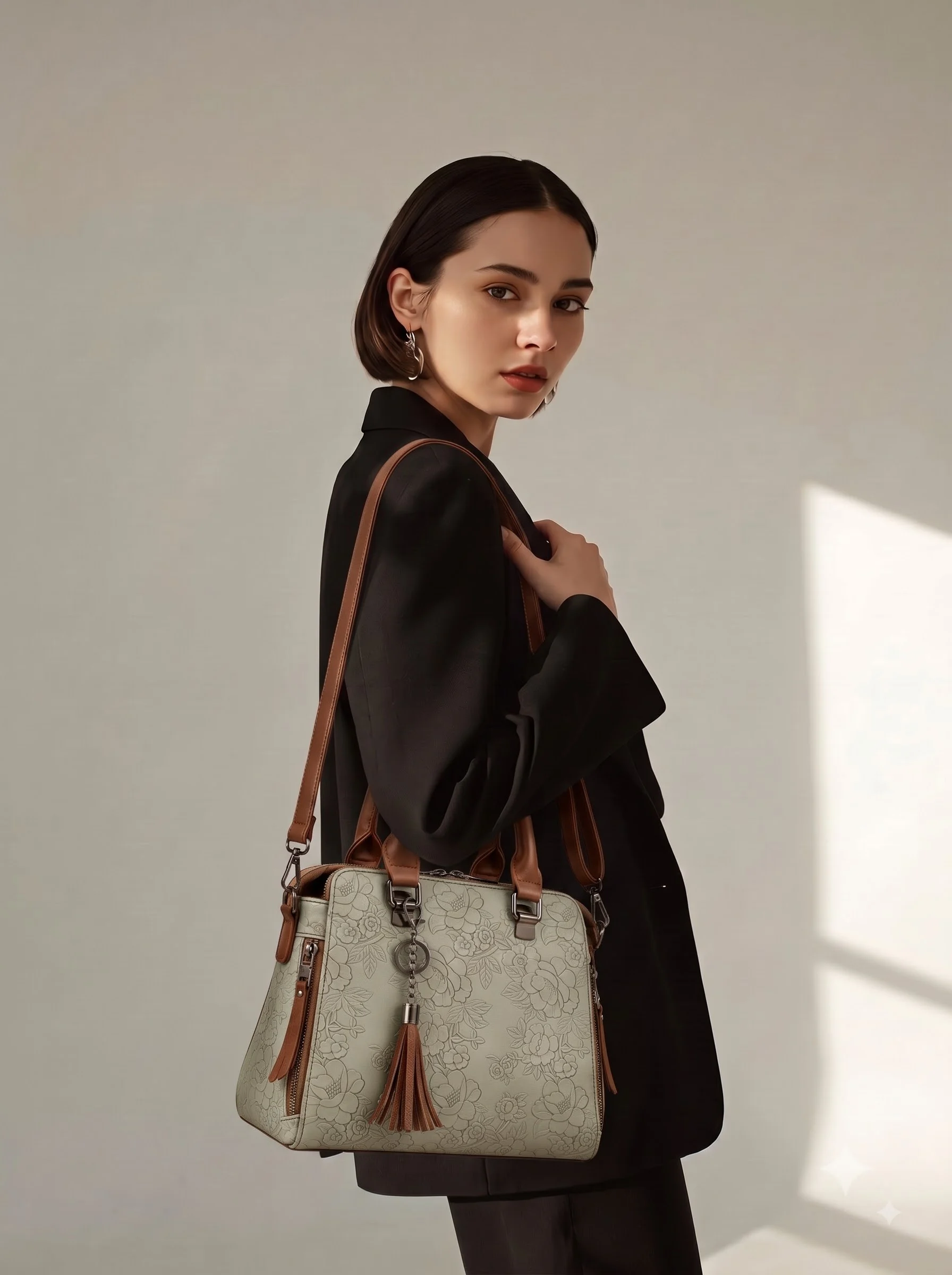 Grey Floral Embossed Handbag - Image 6