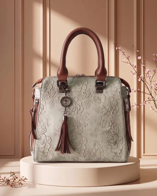Grey Floral Embossed Handbag