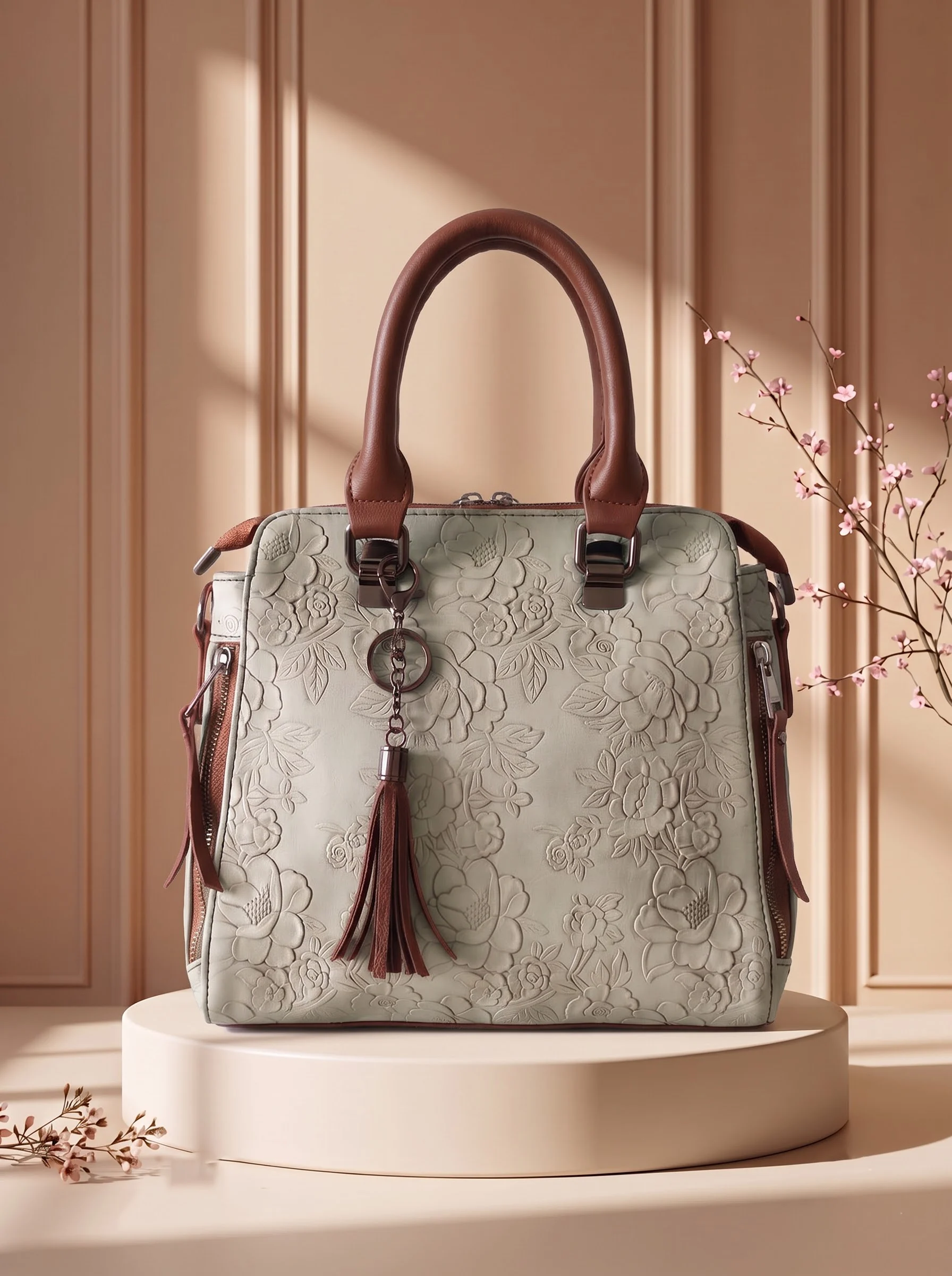 Grey Floral Embossed Handbag