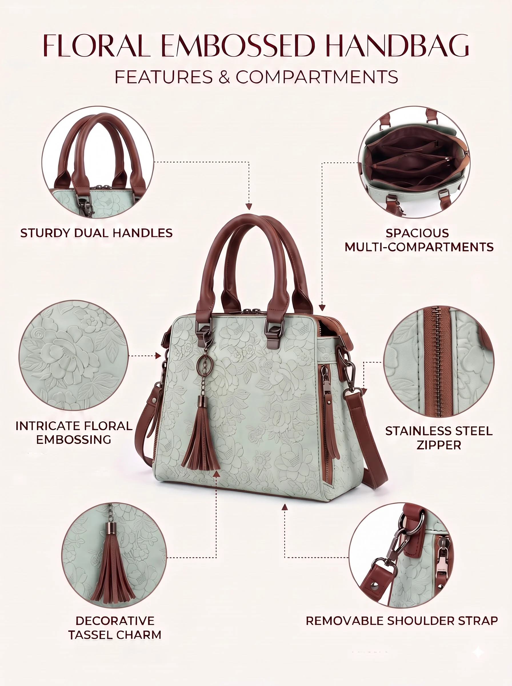 Floral Embossed Mint Handbag - Image 3