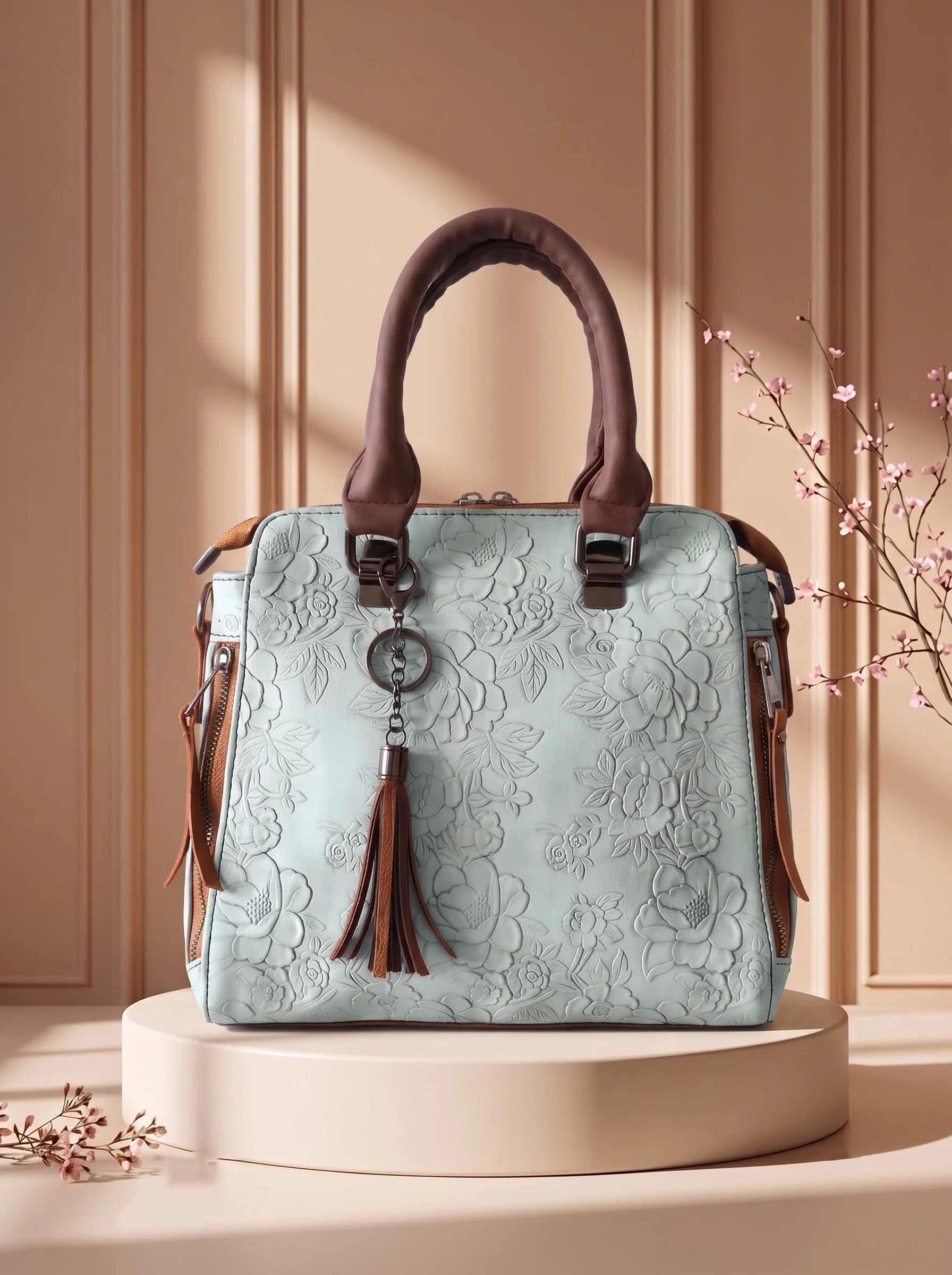 Floral Embossed Mint Handbag