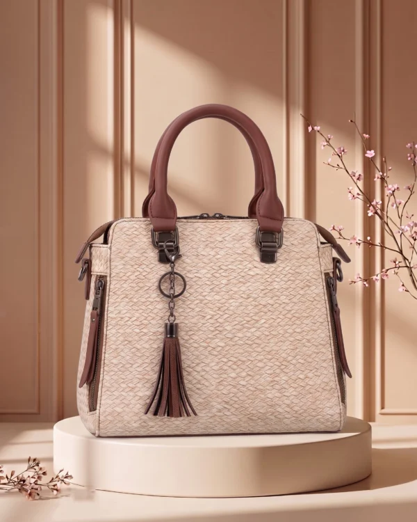 Beige Woven Textured Handbag