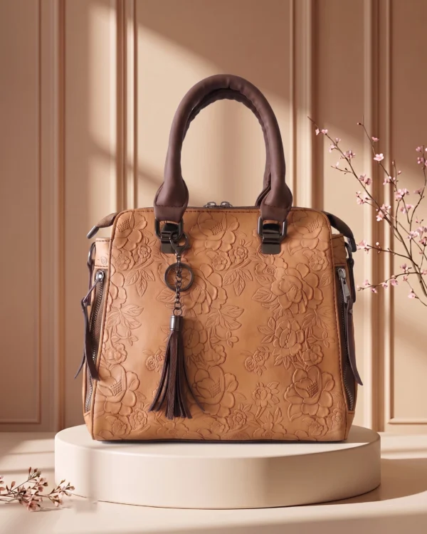 Tan Floral Embossed Handbag