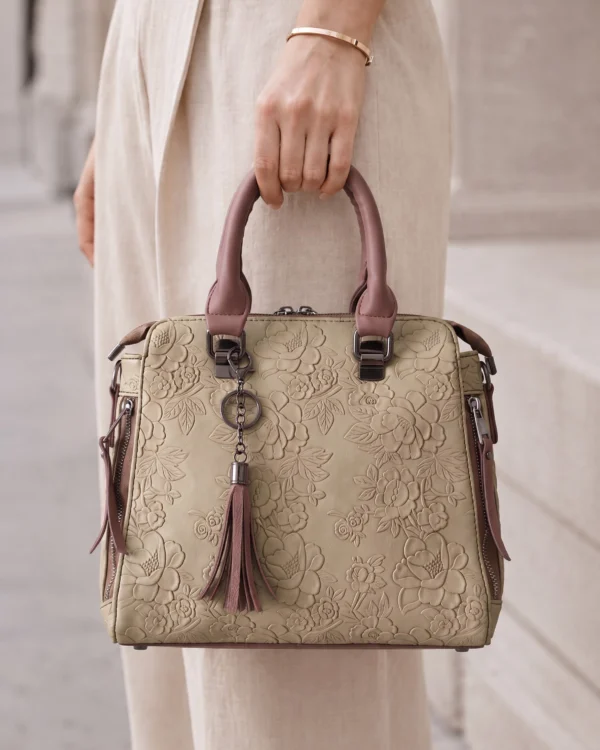 Floral Embossed Beige Handbag